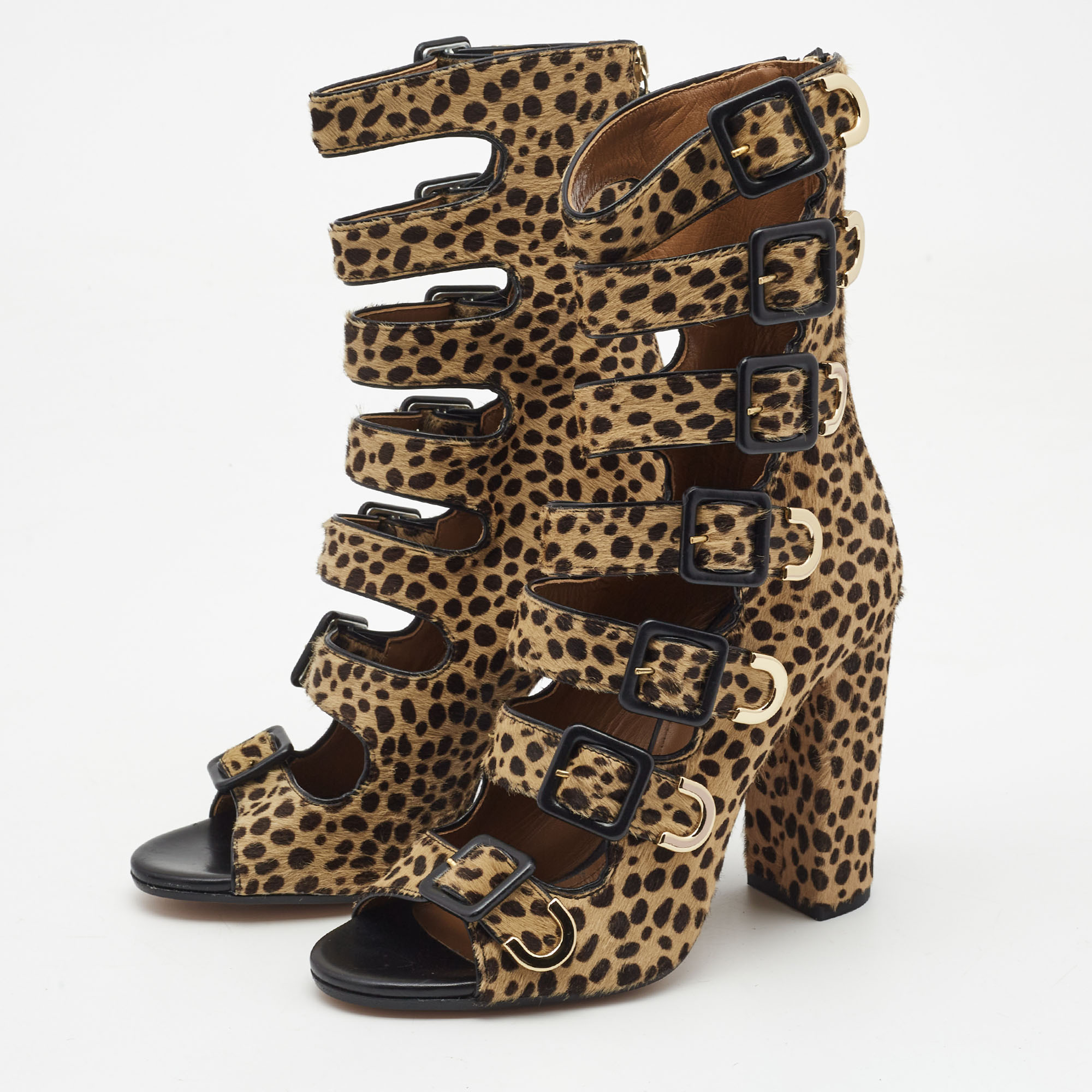 

Aquazzura Beige/Brown Leopard Print Calf Hair Tutto Buckle Open Toe Sandals Size