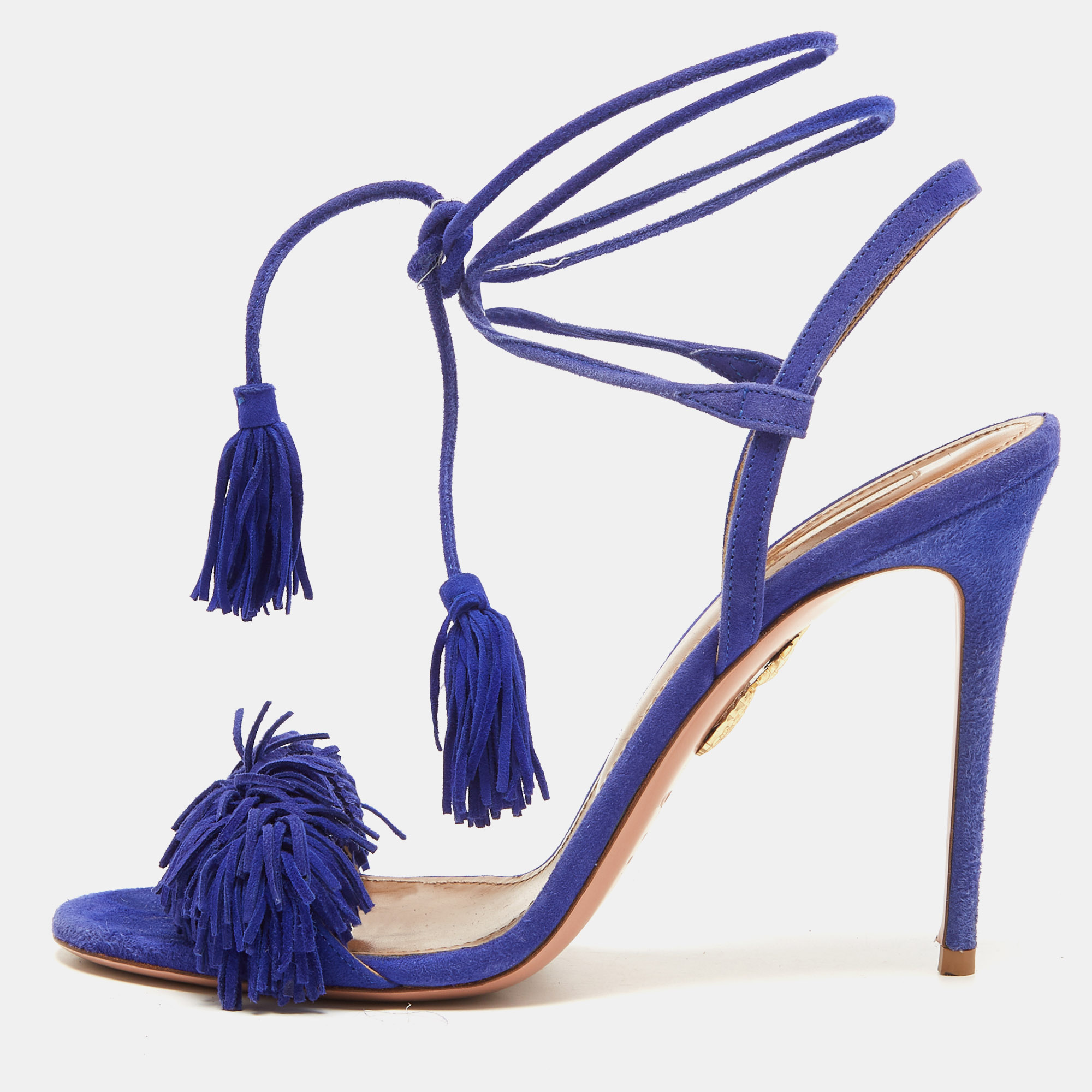 Pre-owned Aquazzura Blue Suede Wild Thing Ankle Wrap Sandals Size 39