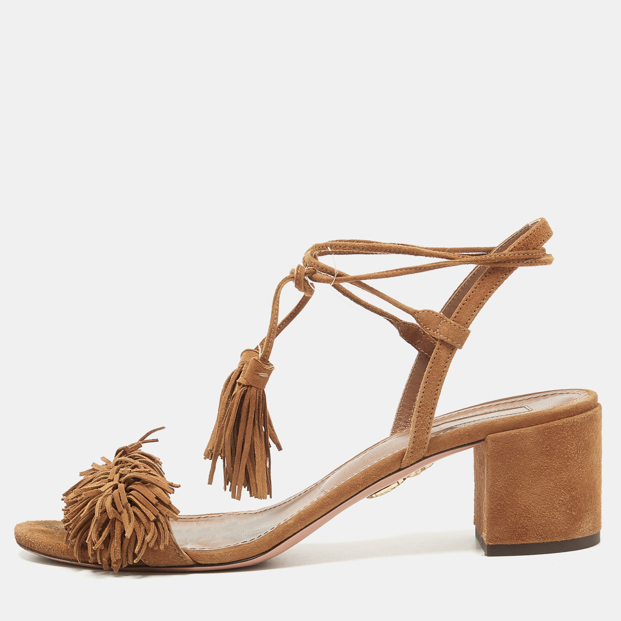 Pre-owned Aquazzura Brown Suede Wild Thing Fringe Ankle Wrap Block Heel Sandals Size 39
