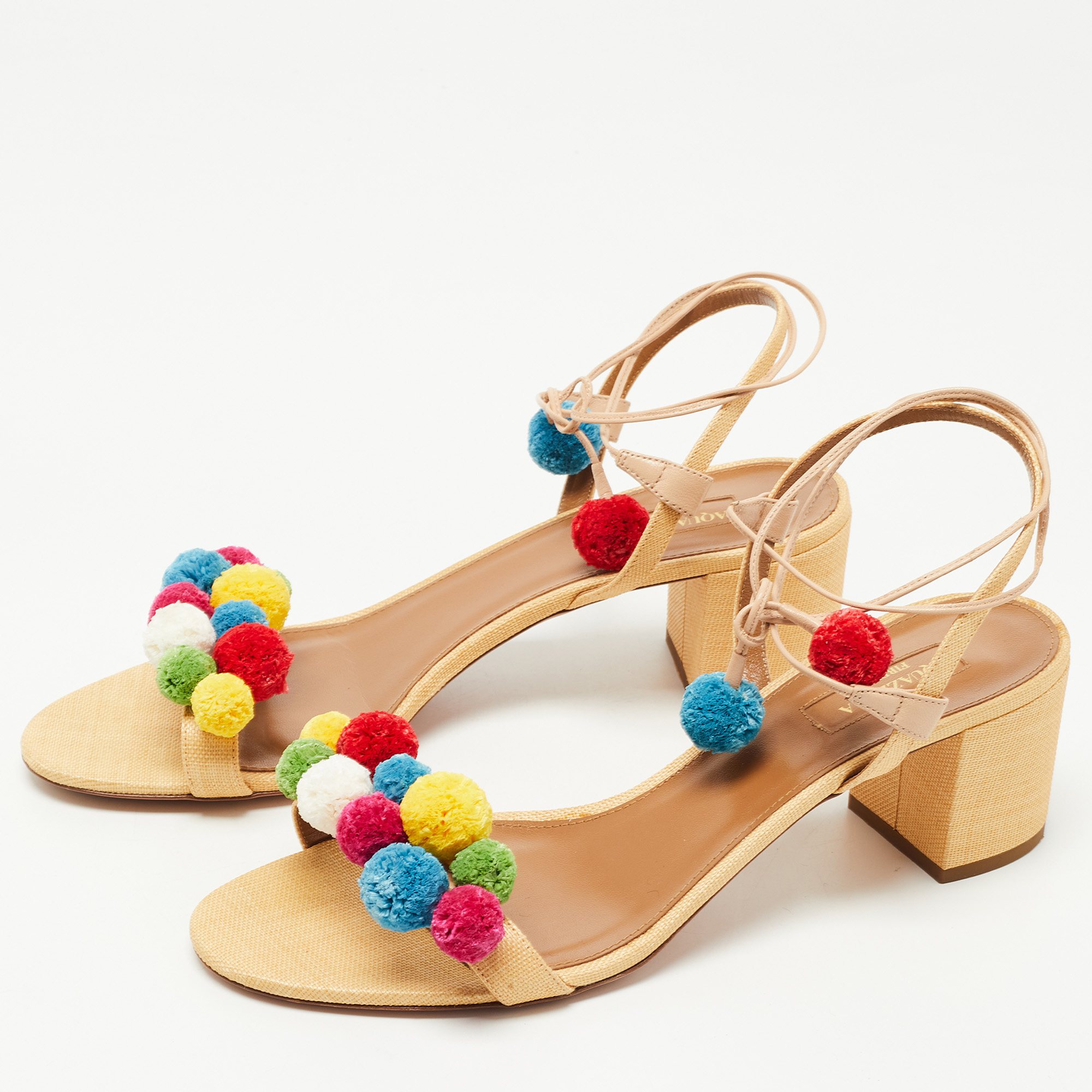 

Aquazzura Multicolor Raffia Disco Thing Ankle Tie Sandals Size