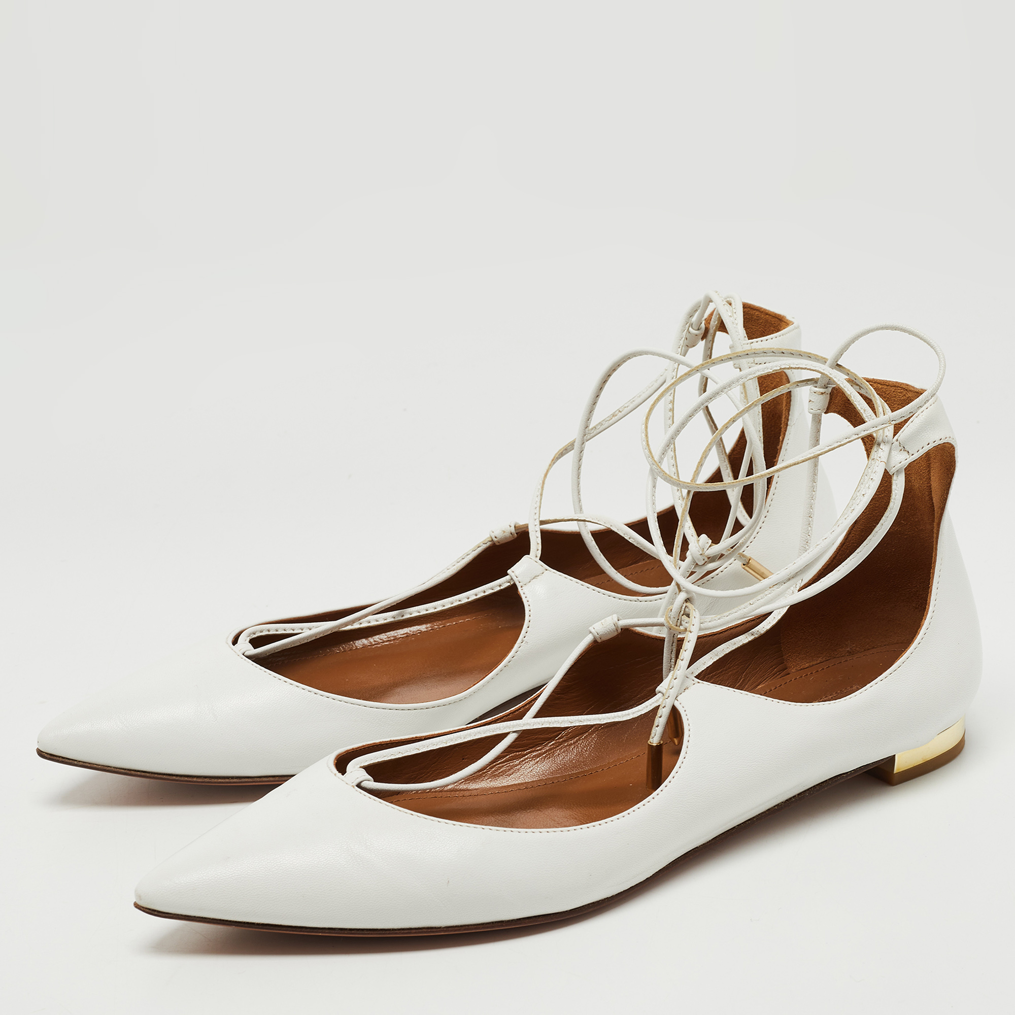 

Aquazzura White Leather Christy Lace Up Ballet Flats Size