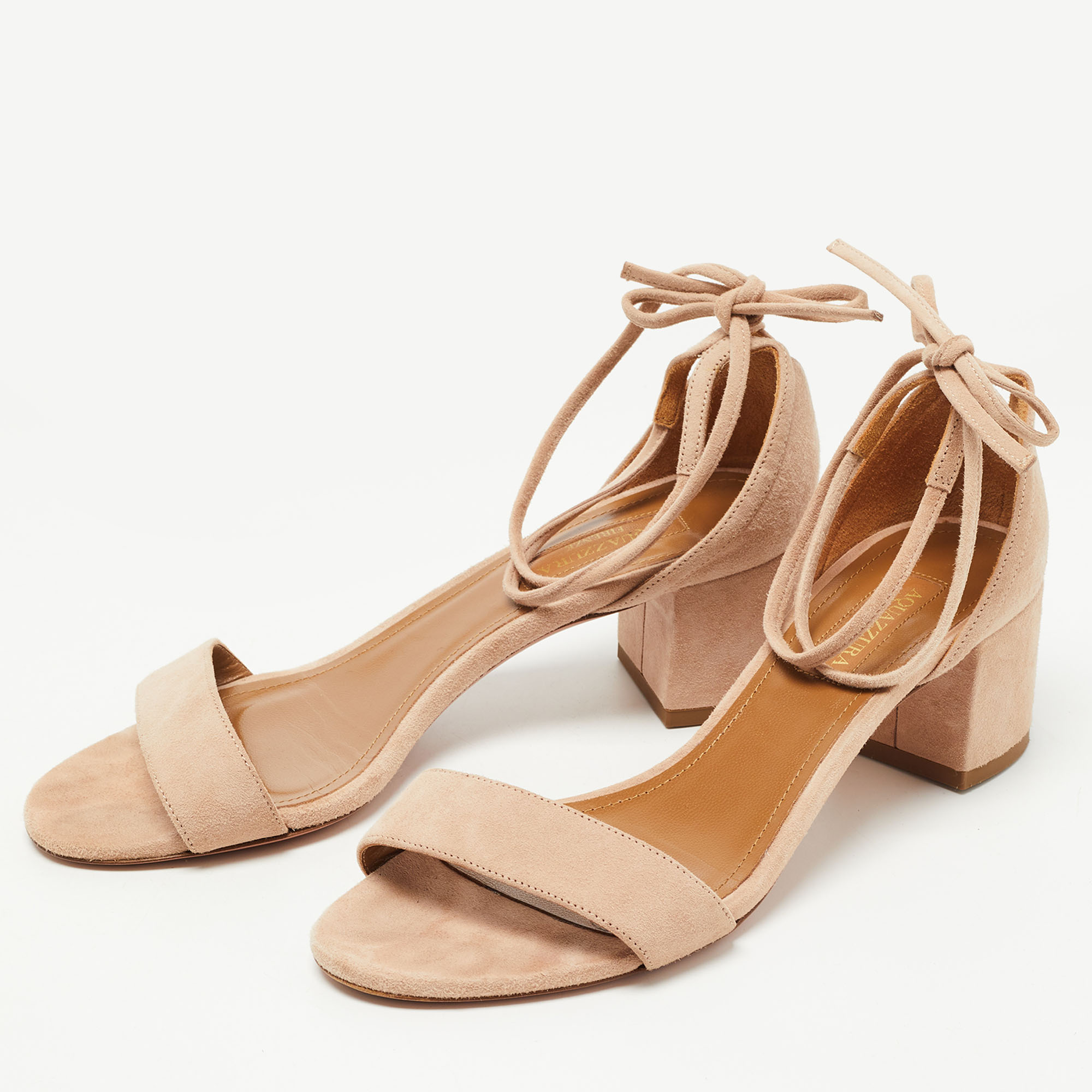 

Aquazzura Beige Suede Block Heel Ankle Tie Sandals Size