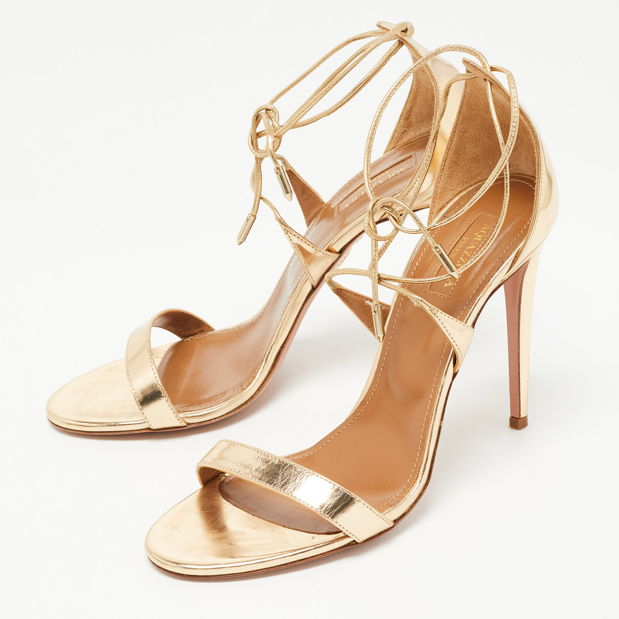 

Aquazzura Gold Leather Linda Ankle Strap Sandals Size