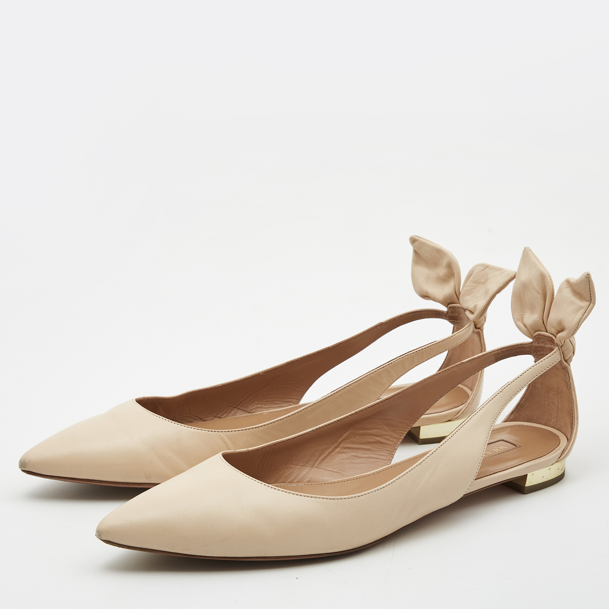 

Aquazzura Cream Leather Bow Tie Pointed Toe Ballet Flats Size