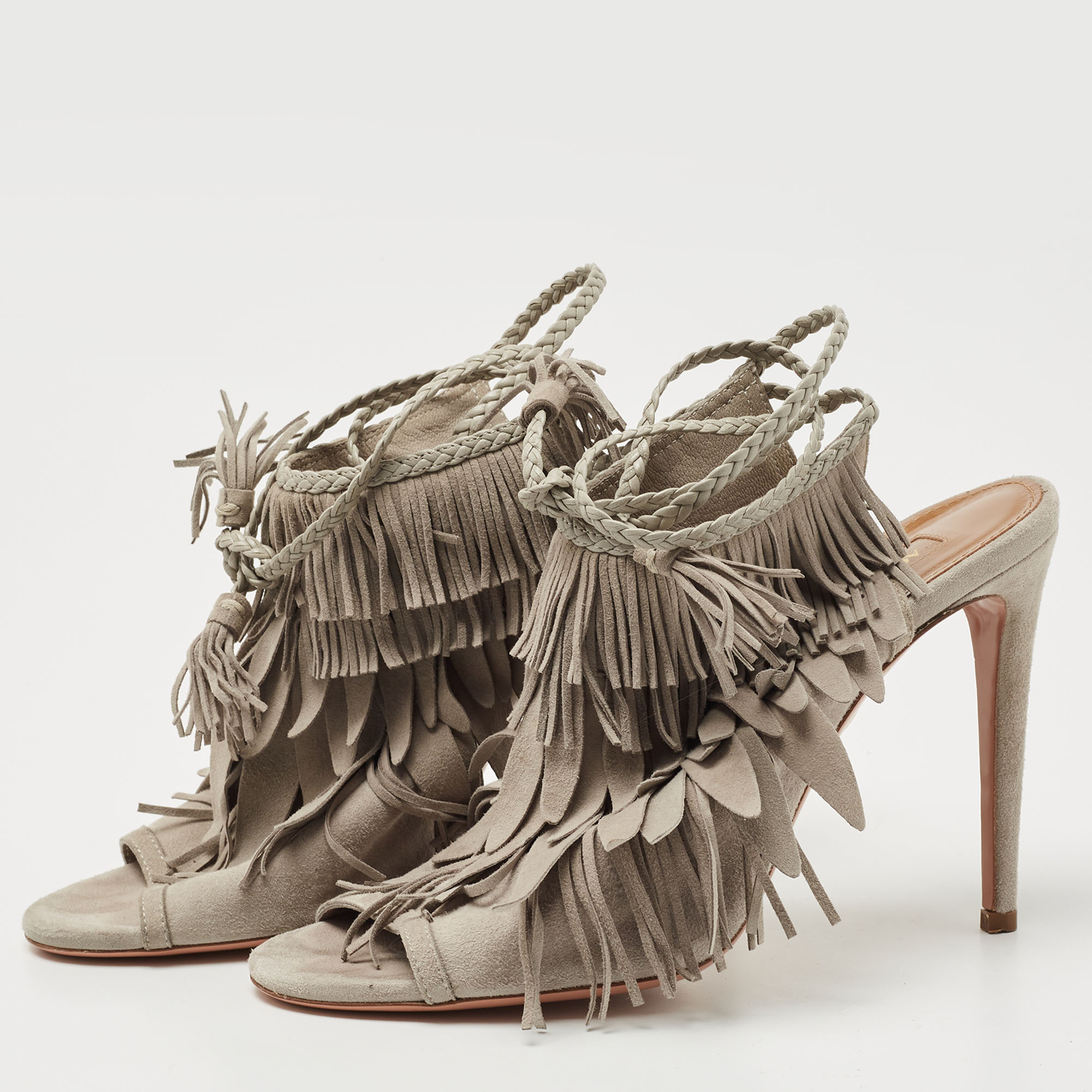 

Aquazzura Gray Suede Fringed Ankle Wrap Sandals Size, Grey