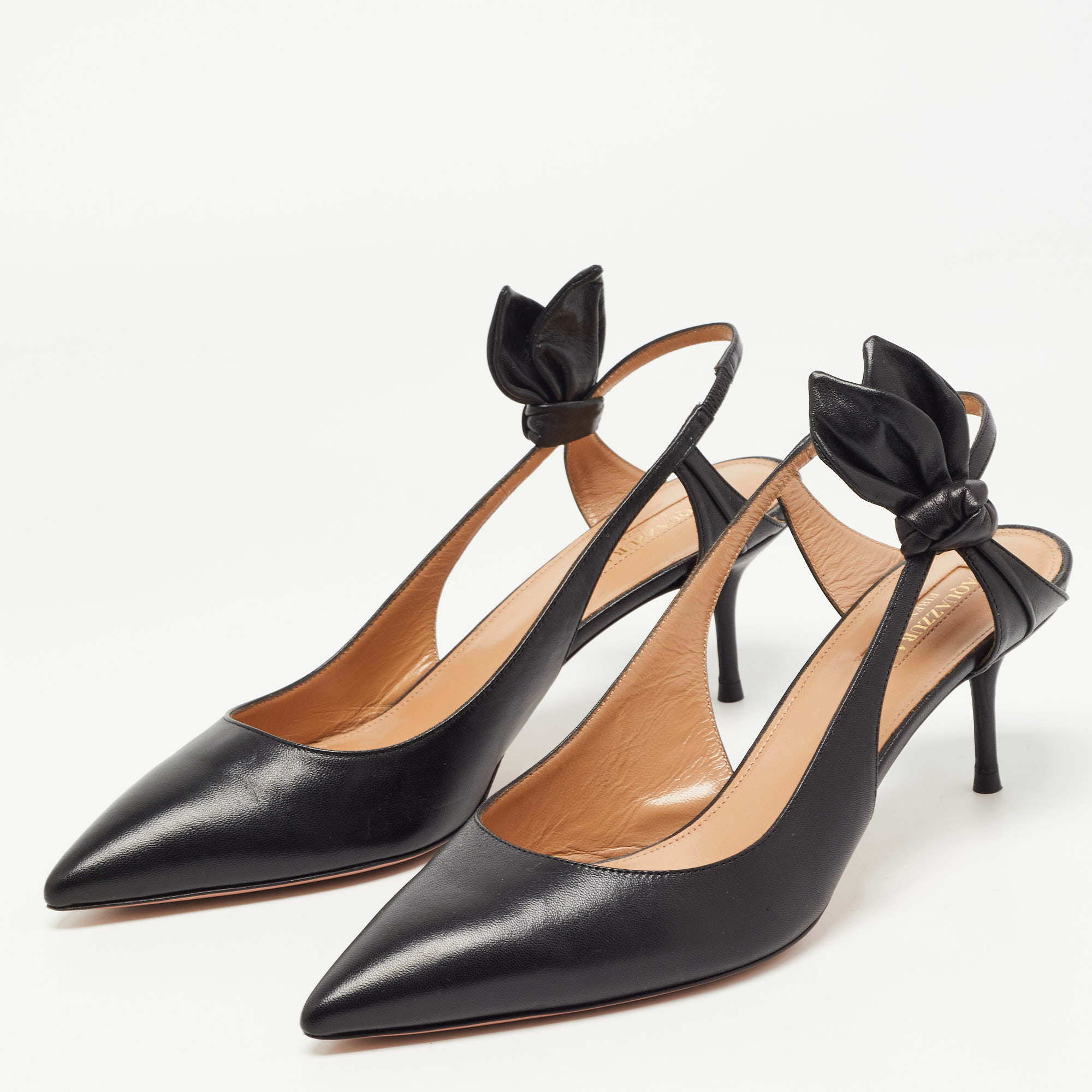 

Aquazzura Black Leather Bow Slingback Pumps Size