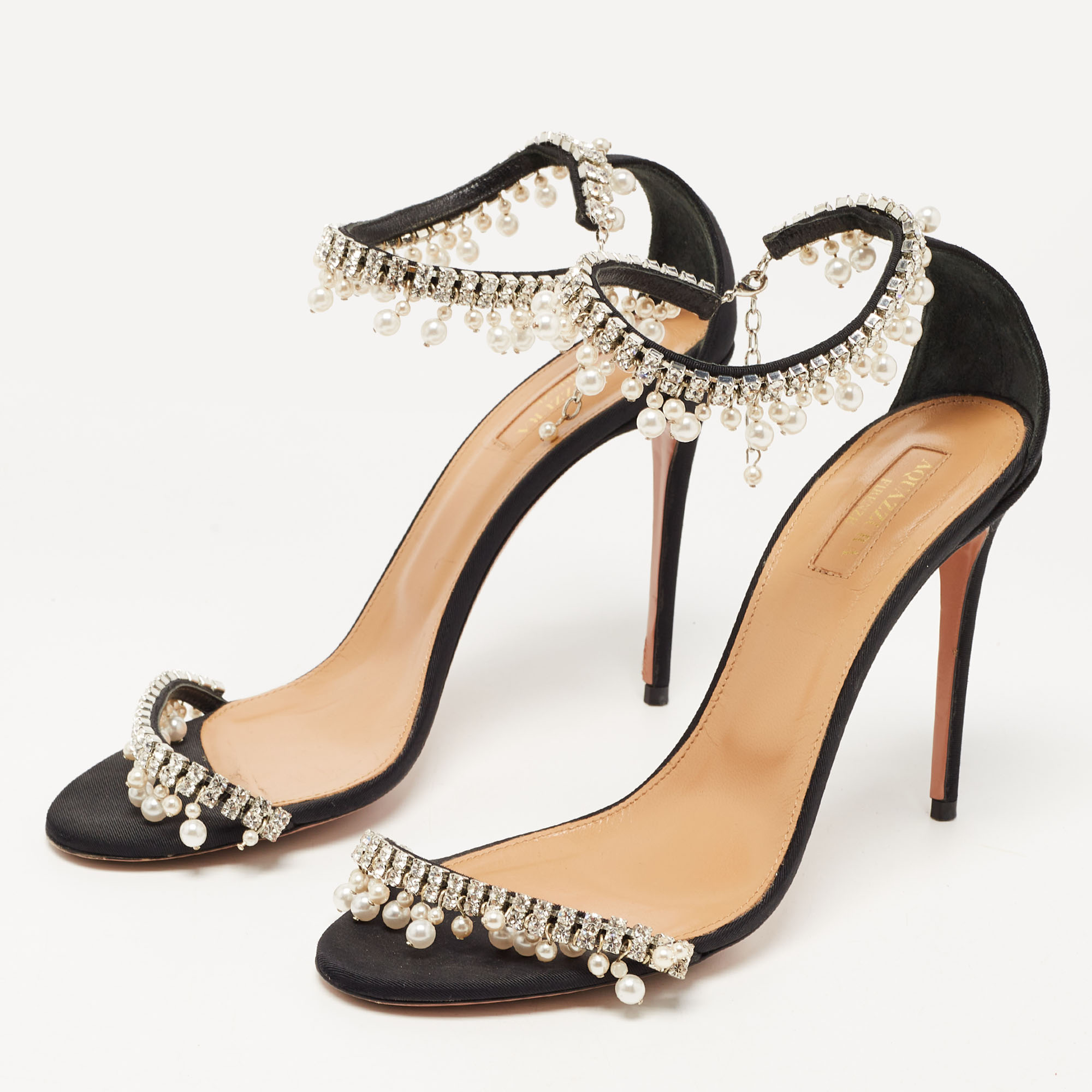 

Aquazzura Black Canvas Crystal and Faux Pearl Embellished Ankle Strap Sandals Size