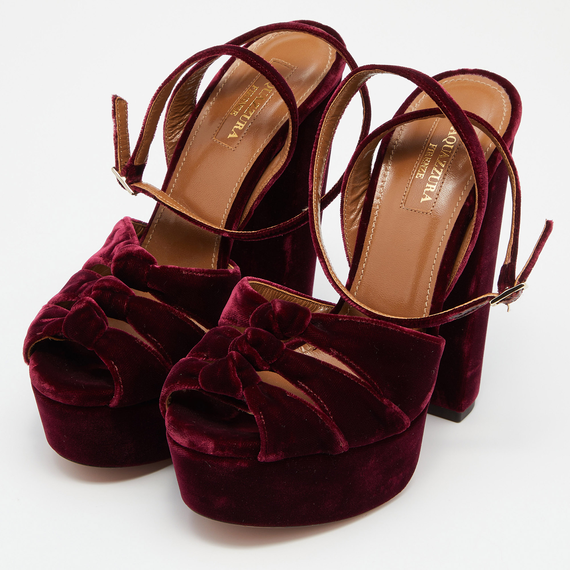 

Aquazzura Burgundy Velvet Mira Block Heel Platform Ankle Strap Sandals Size