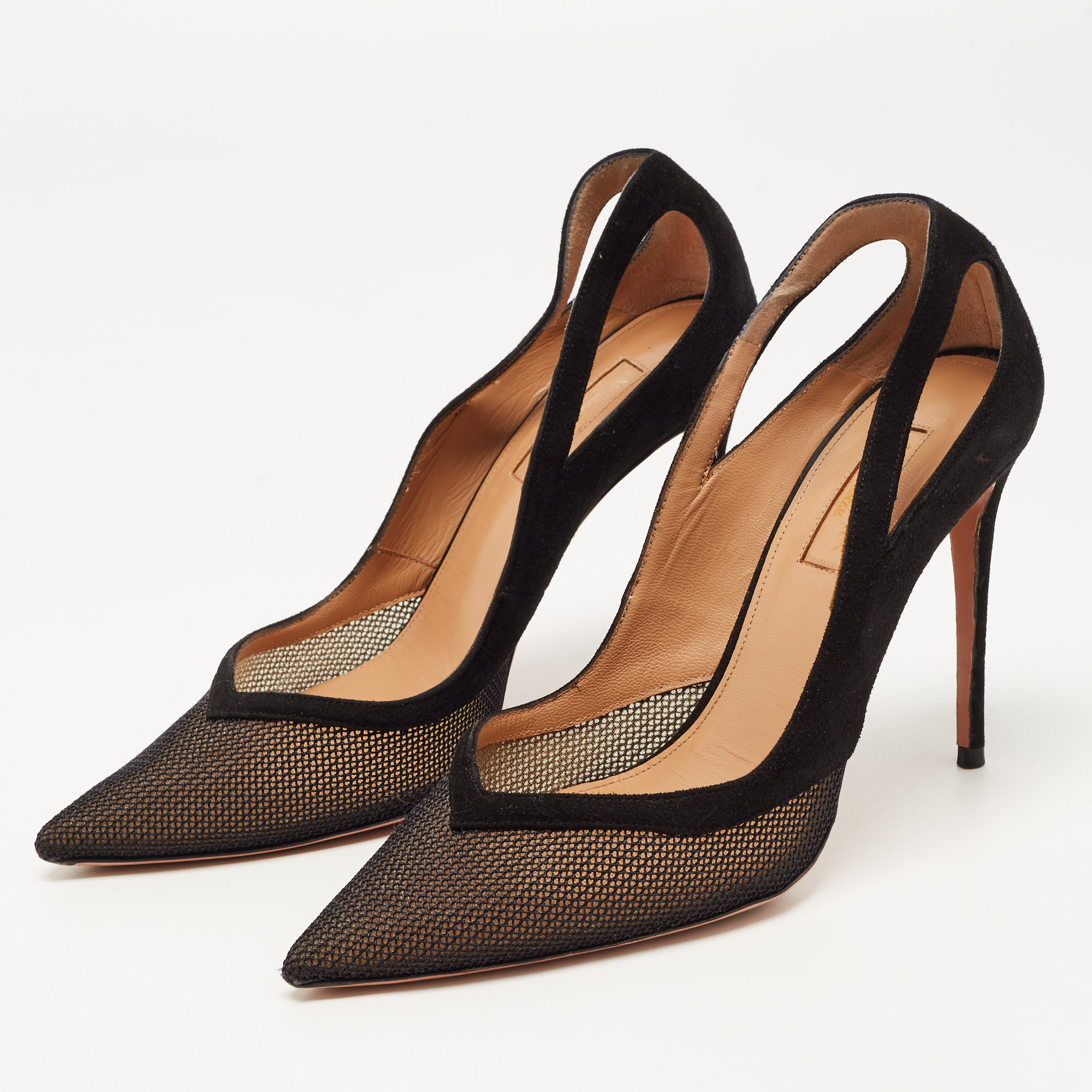 

Aquazzura Black Mesh and Suede Cut Out Shiva Pointed Toe Pumps Size