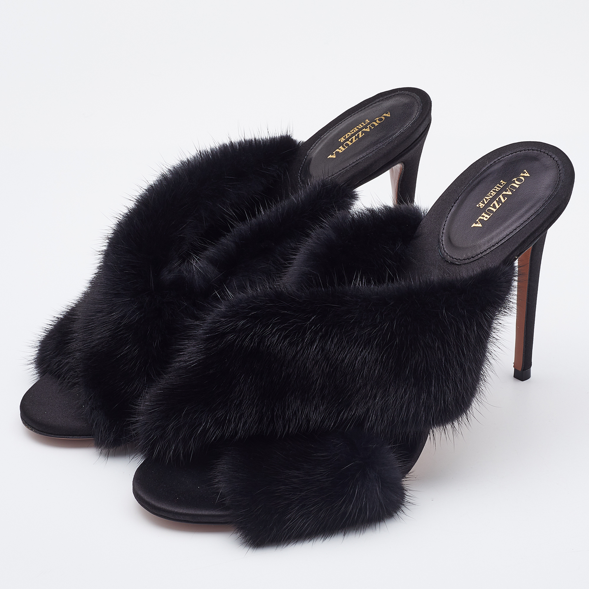 

Aquazzura Black Mink Fur Cross Strap Slide Sandals Size