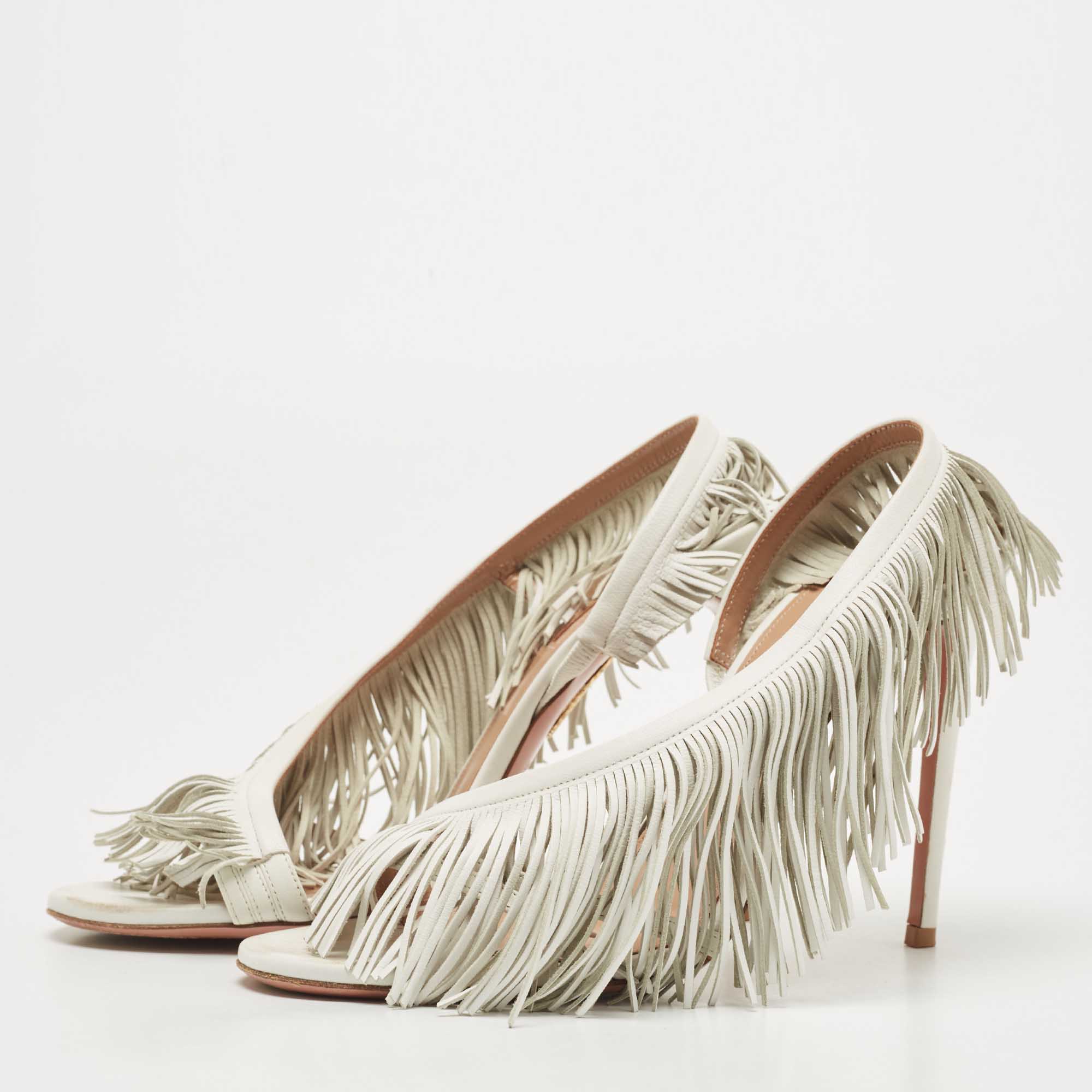 

Aquazzura White Leather Wild Fringe Sandals Size