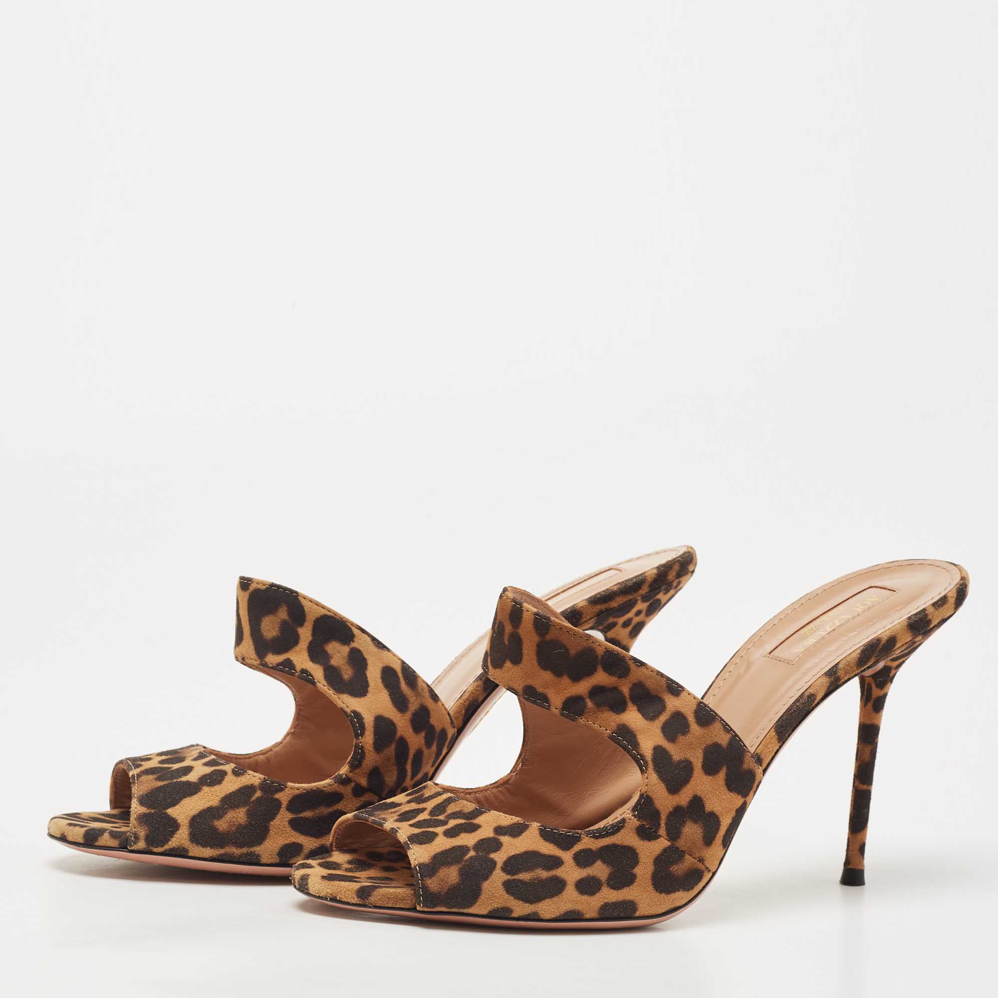 

Aquazzura Brown/Black Leopard Print Suede Slide Sandals Size