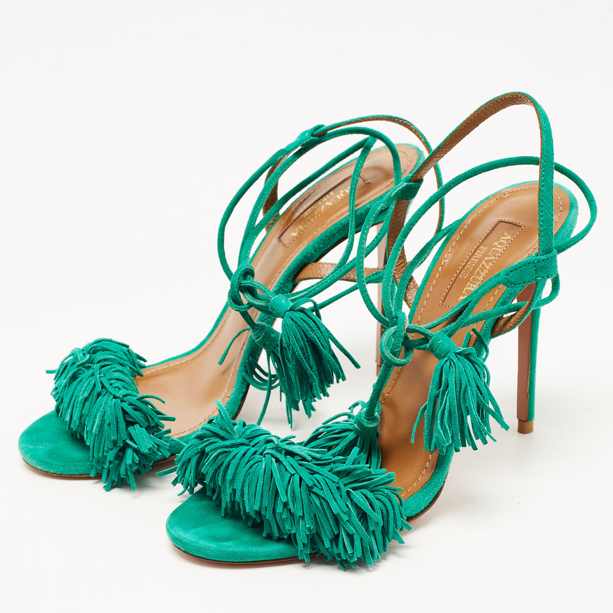 

Aquazzura Green Suede Wild Thing Ankle Wrap Sandals Size