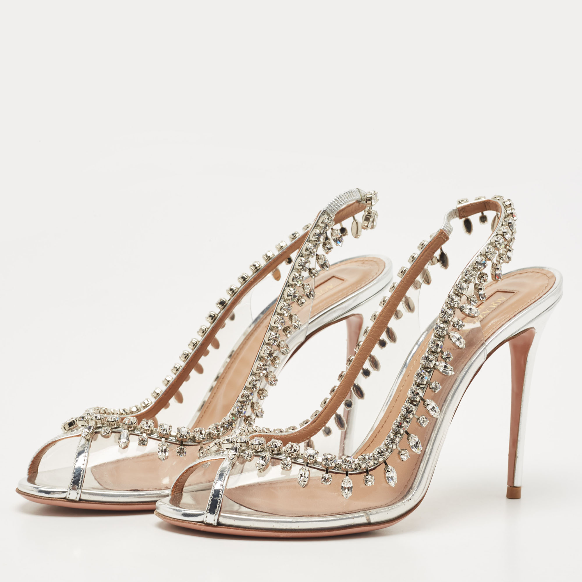 

Aquazzura Silver PVC and Patent Leather Temptation Crystals Sandals Size