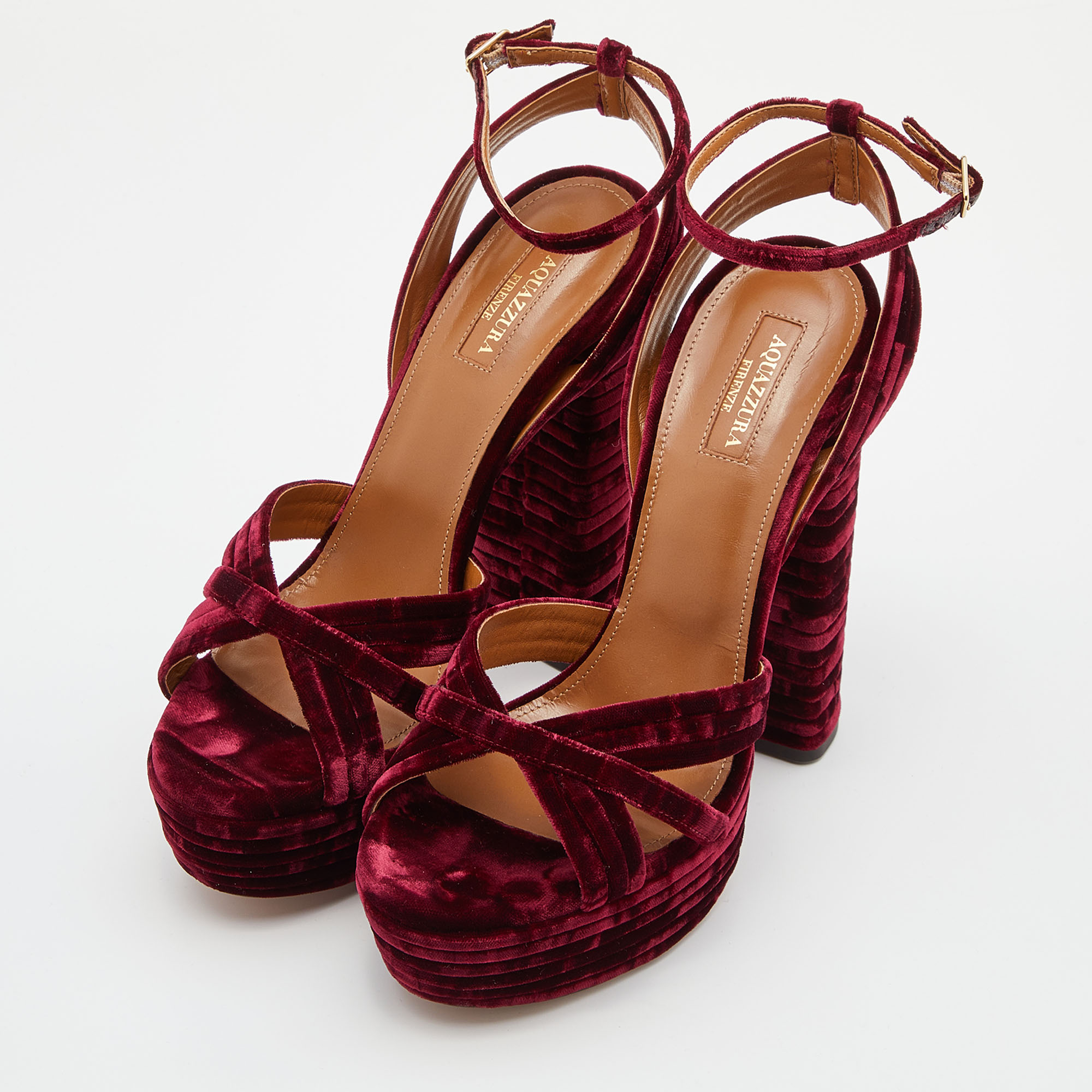 

Aquazzura Burgundy Velvet Sundance Platform Sandals Size