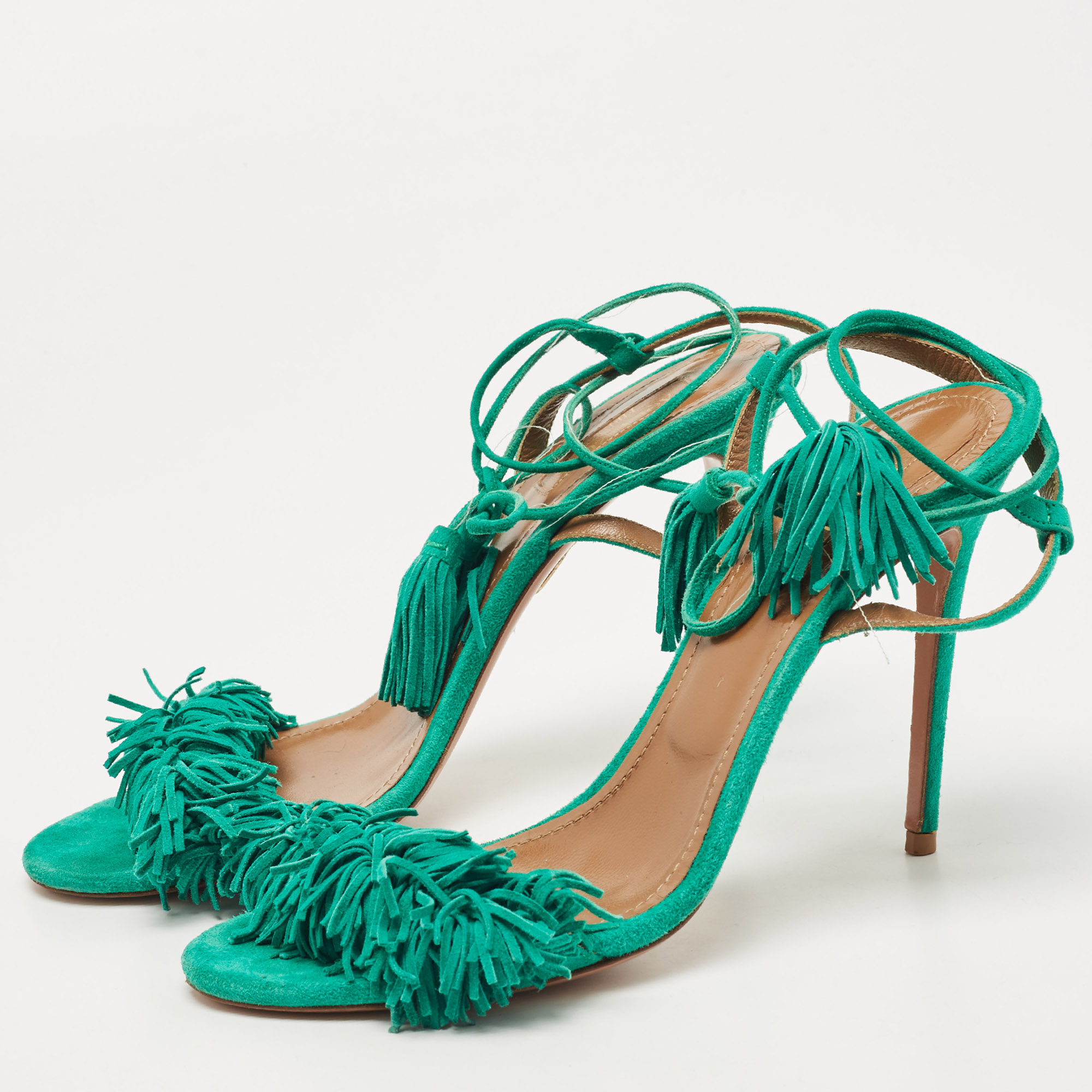 

Aquazzura Teal Green Fringed Suede Wild Thing Tasseled Ankle Wrap Sandals Size