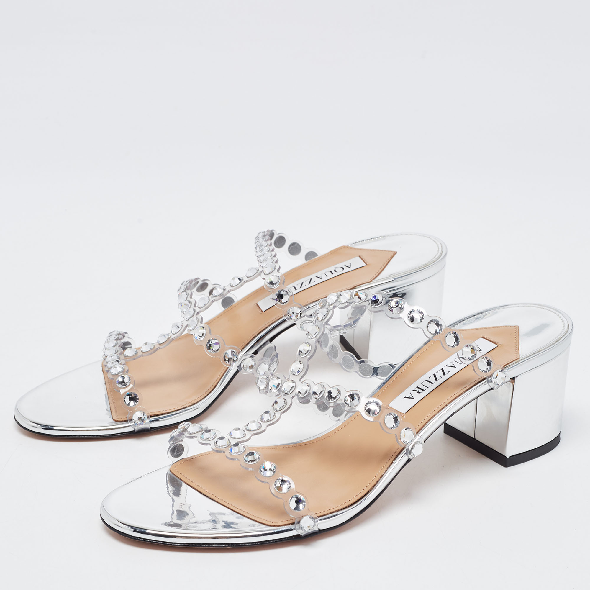 

Aquazzura Silver/Transparent Leather and Crystal Embellished PVC Tequila Plexi Strappy Sandals Size