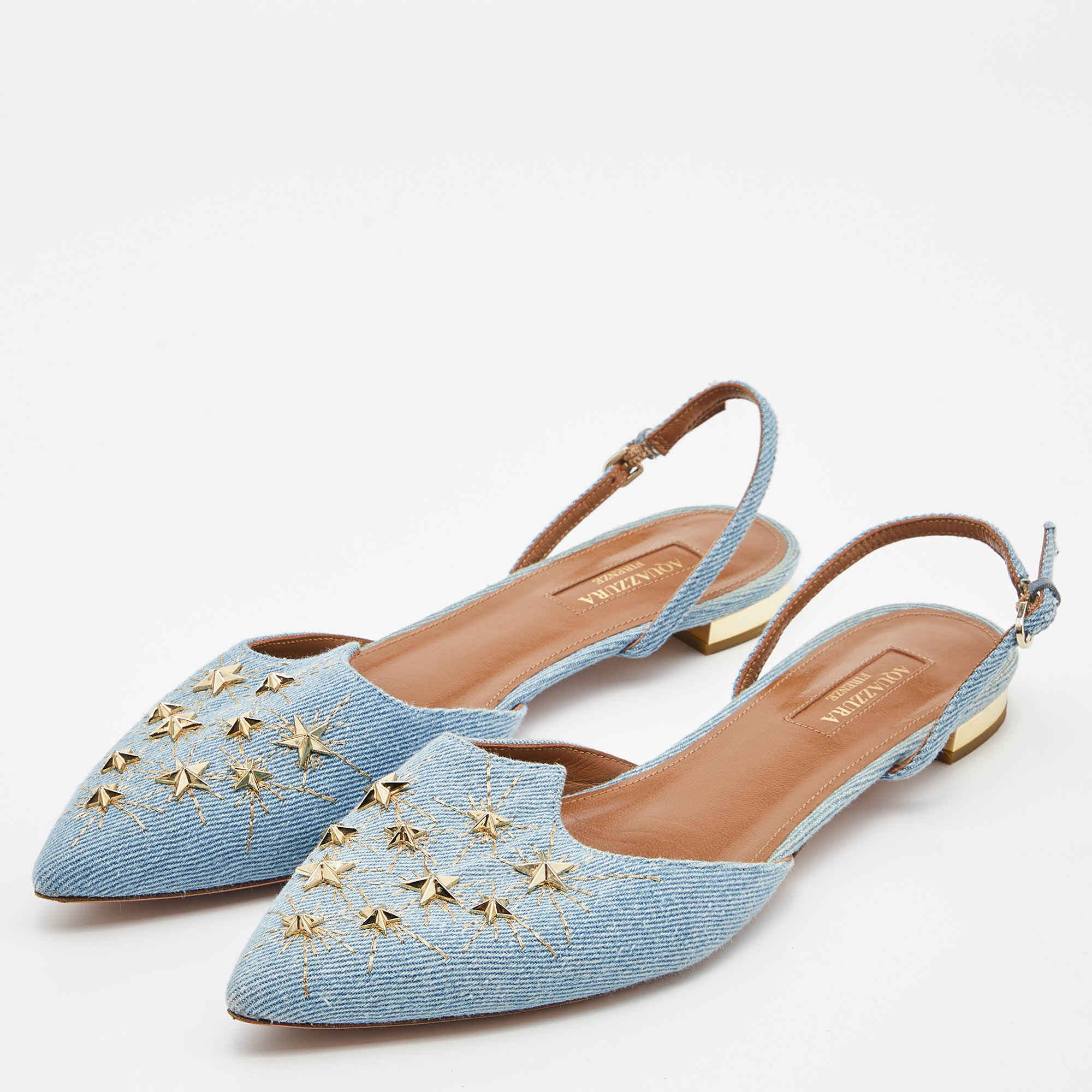 

Aquazzura Blue Denim Nairobi Pointed-Toe Slingback Flats Size