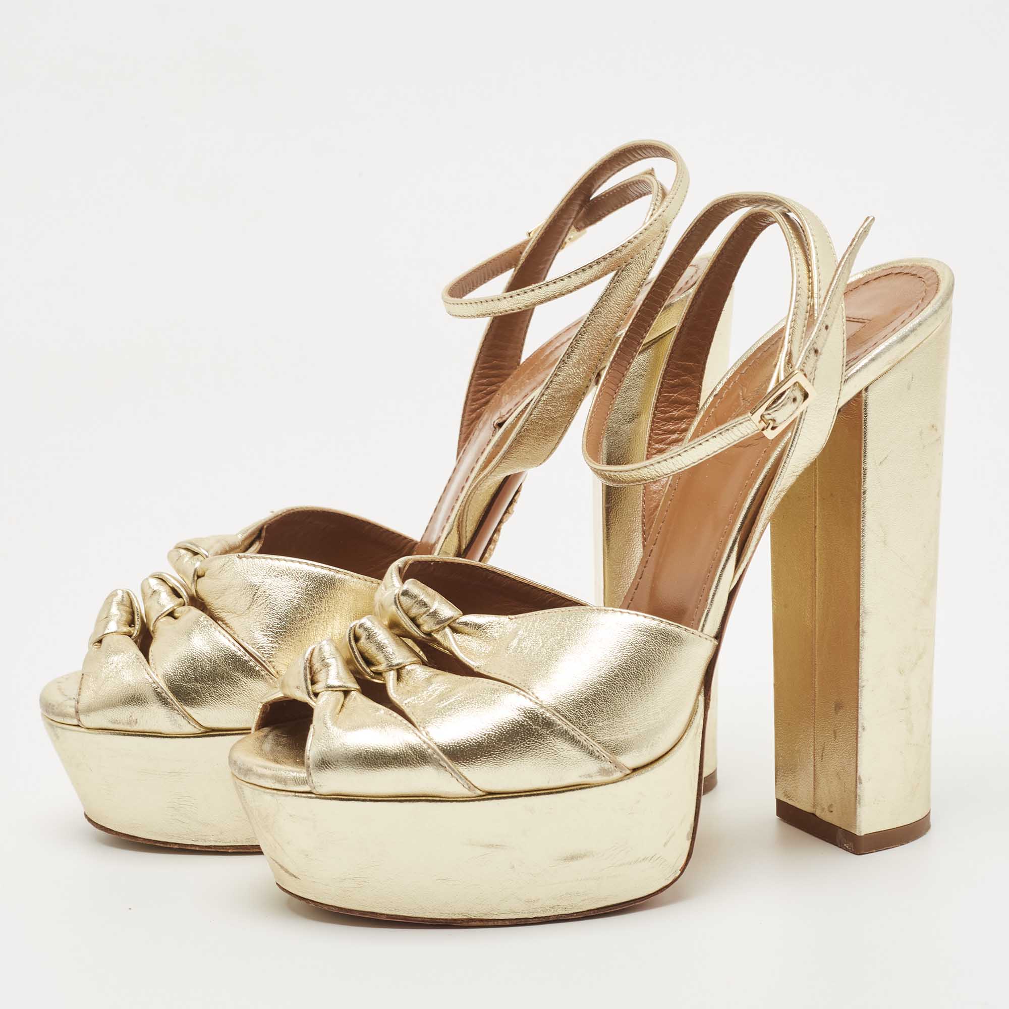 

Aquazzura Metallic Gold Leather Platform Ankle Strap Sandals Size