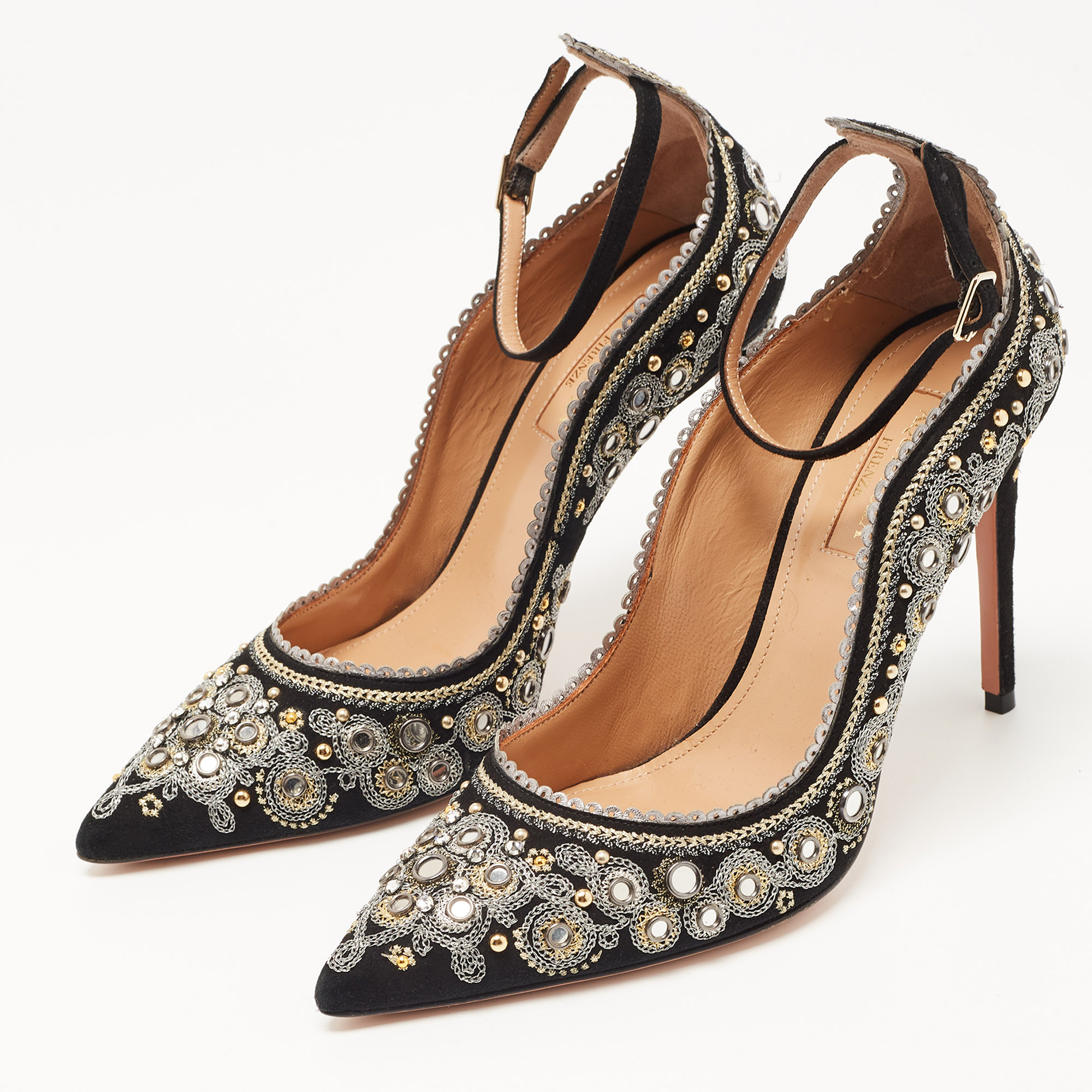 

Aquazzura Black Suede Embroidered Jaipur Pumps Size