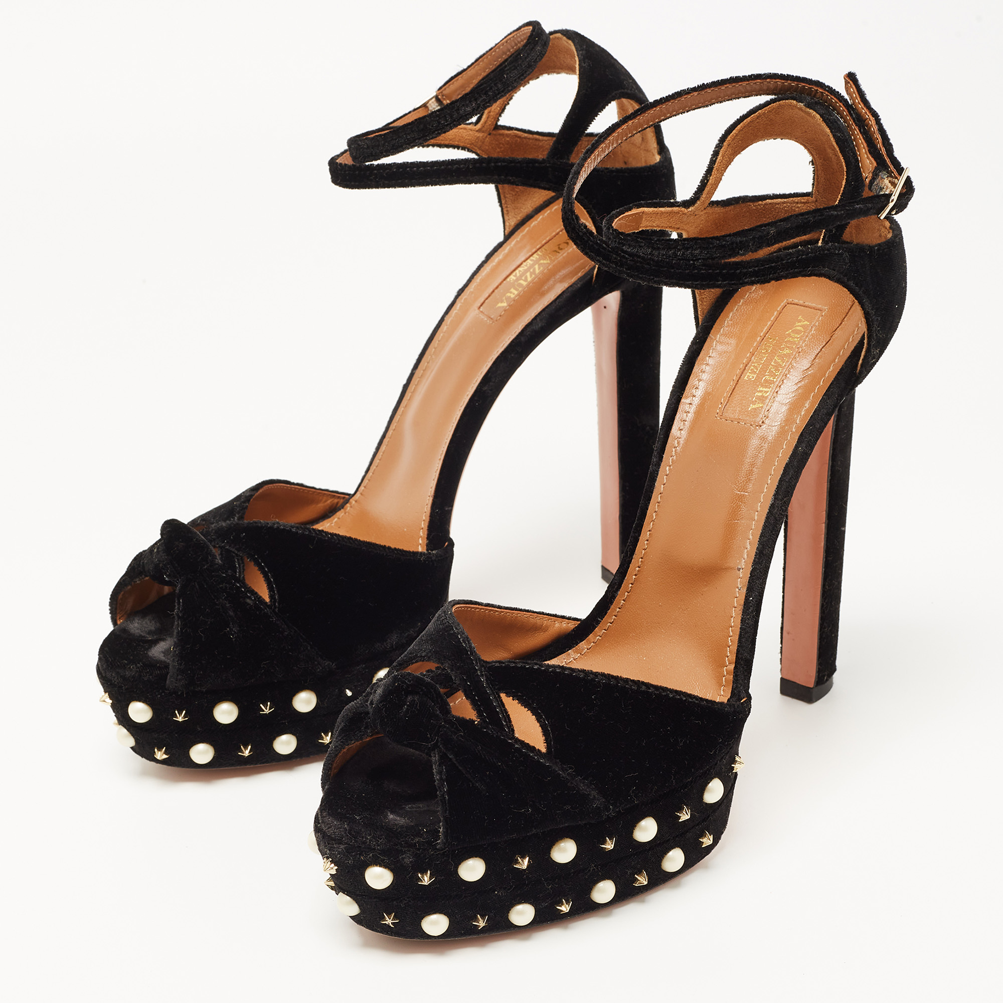 

Aquazzura Black Knotted Velvet Harlow Embellished Platform Sandals Size