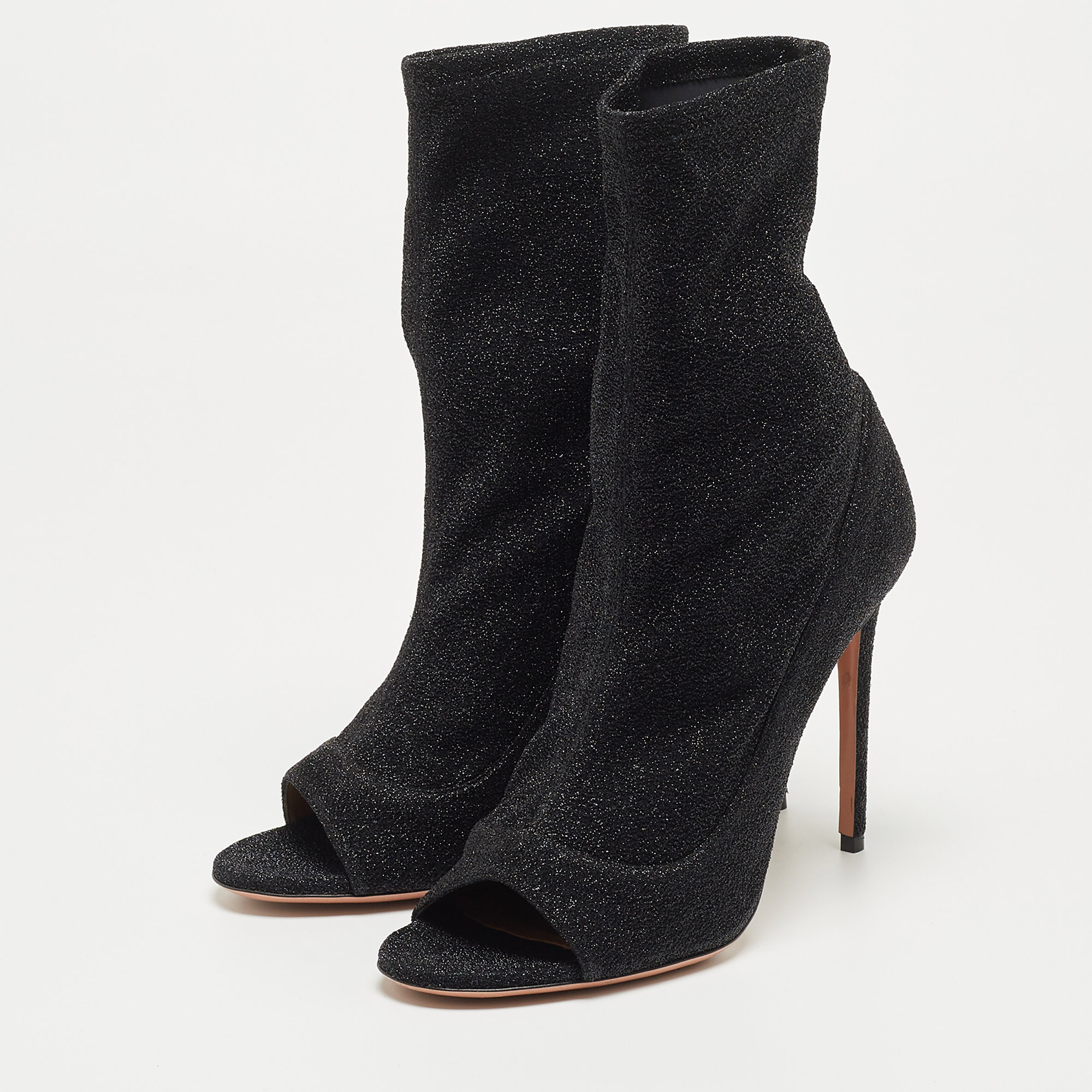 

Aquazzura Black Stretch Fabric Open Toe Ankle Boots Size
