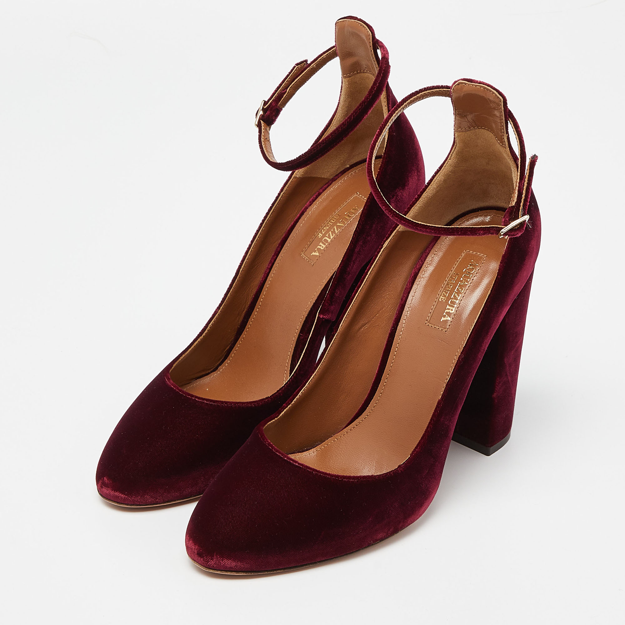 

Aquazzura Burgundy Velvet Alix Ankle Strap Block Heel Pumps Size