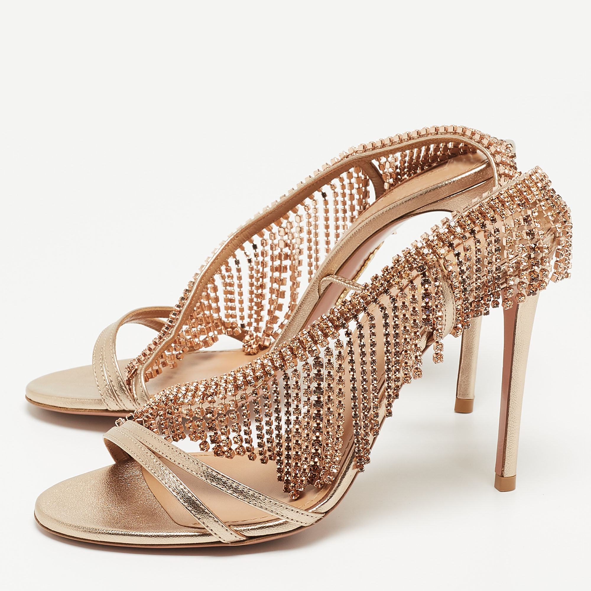 

Aquazzura Metallic Gold Leather Embellished Ankle Strap Slingback Sandals Size
