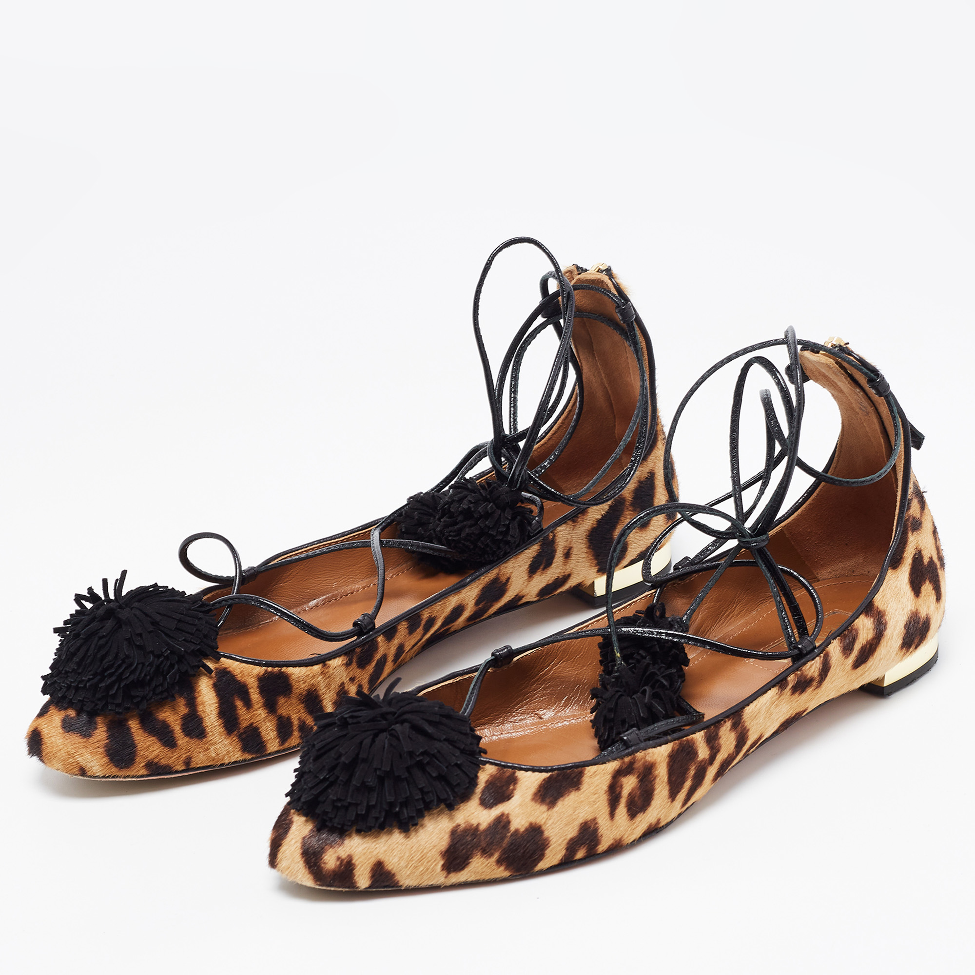 

Aquazzura Two Tone Leopard Print Calf Hair Pom Pom Sunshine Ankle Tie Flats Size, Beige