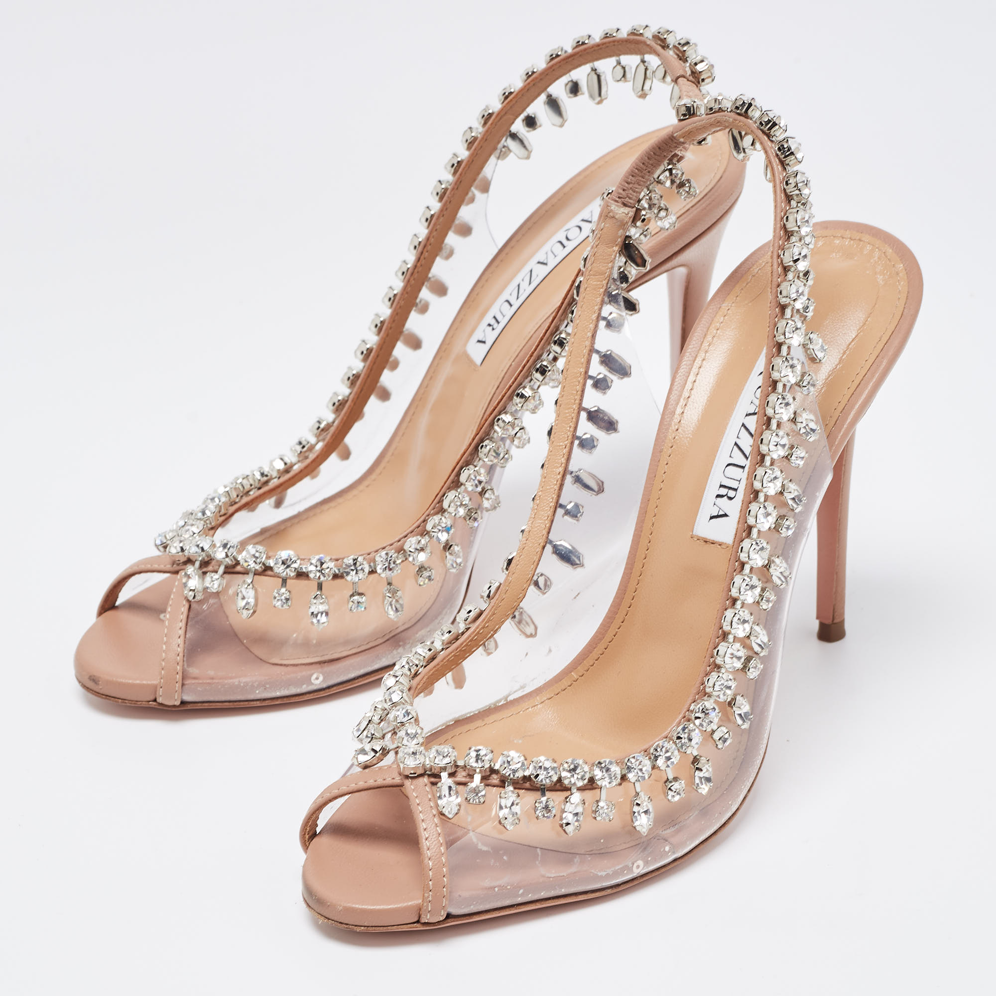 

Aquazzura Transparent/Beige PVC and Leather Temptation Slingback Pumps Size