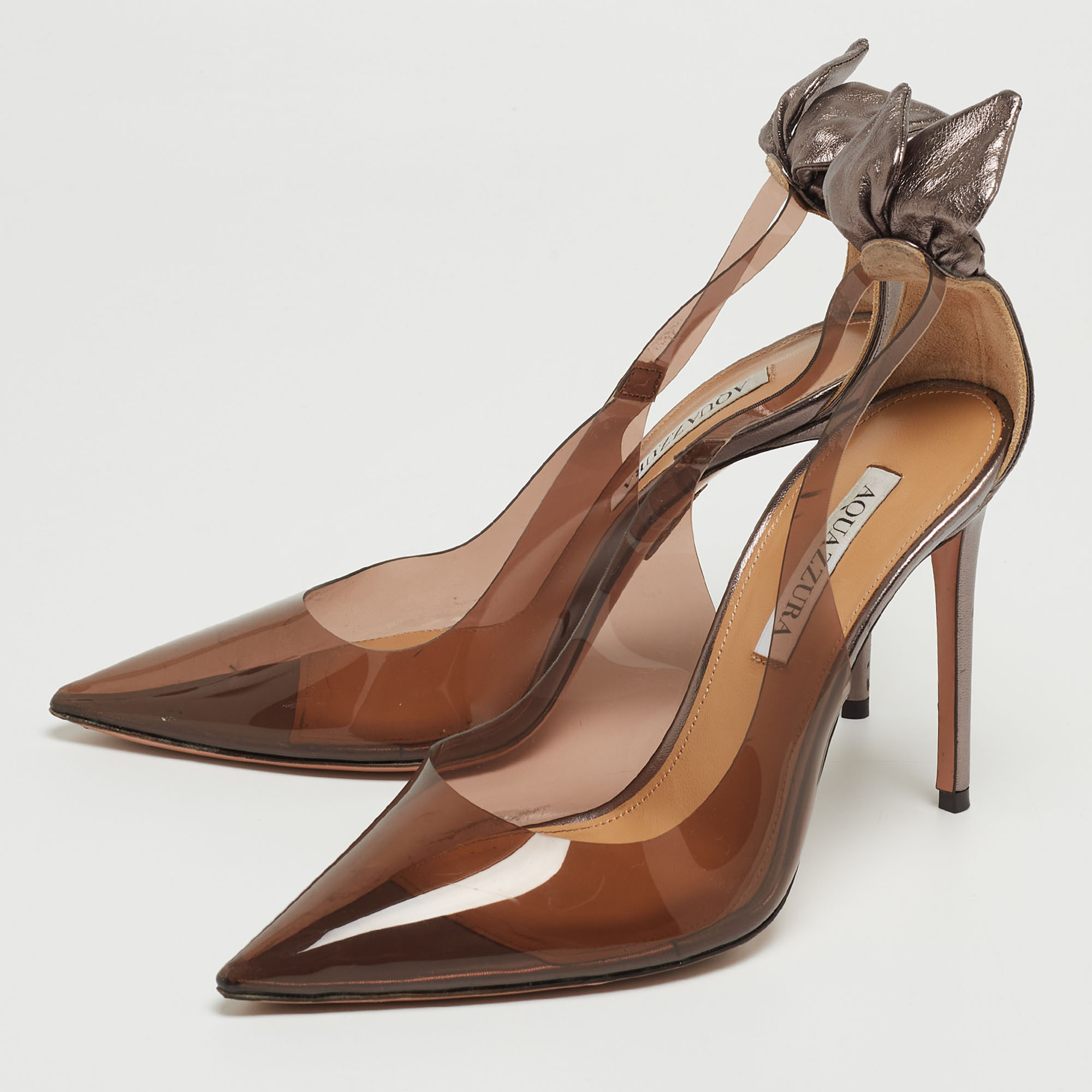 

Aquazzura Brown Leather and PVC Bow Tie Pointed Toe Pumps Size