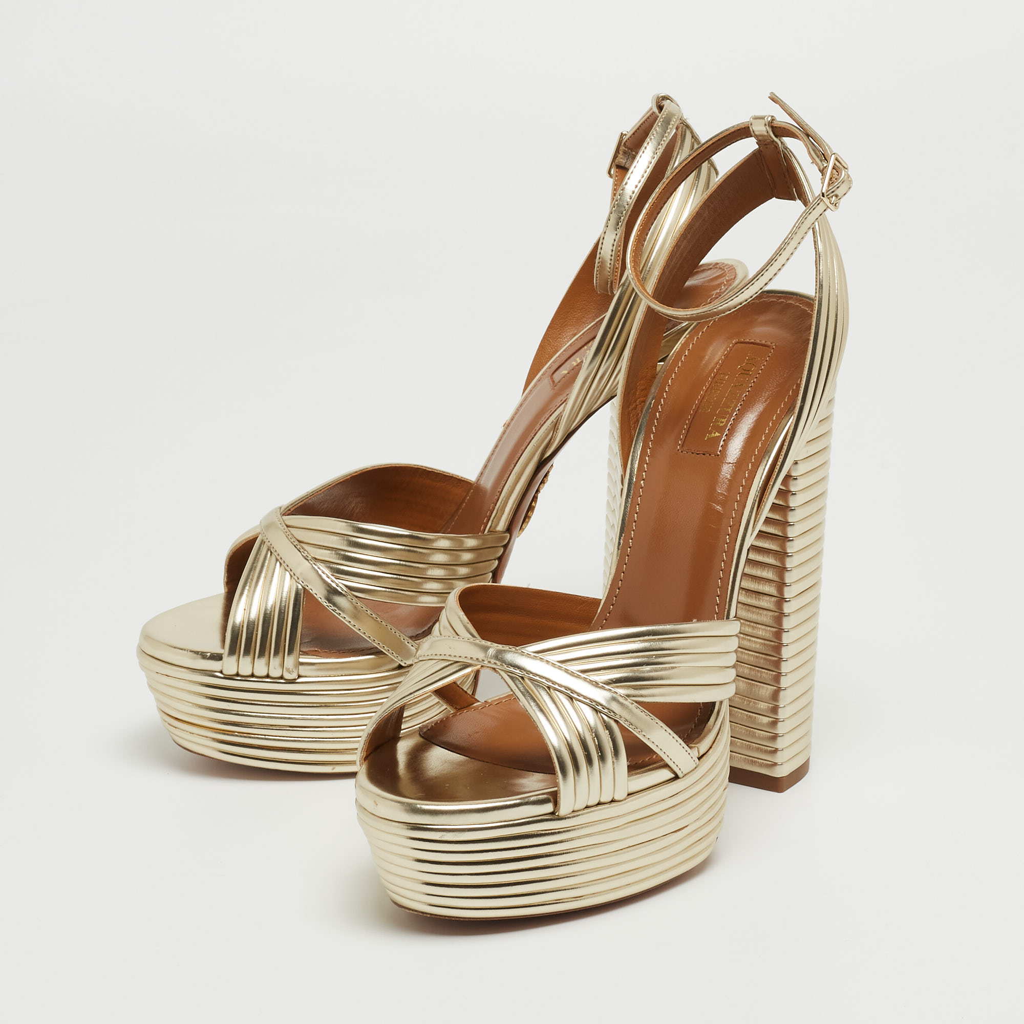 

Aquazzura Metallic Gold Foil Leather Nathalie Platform Ankle Wrap Sandals Size