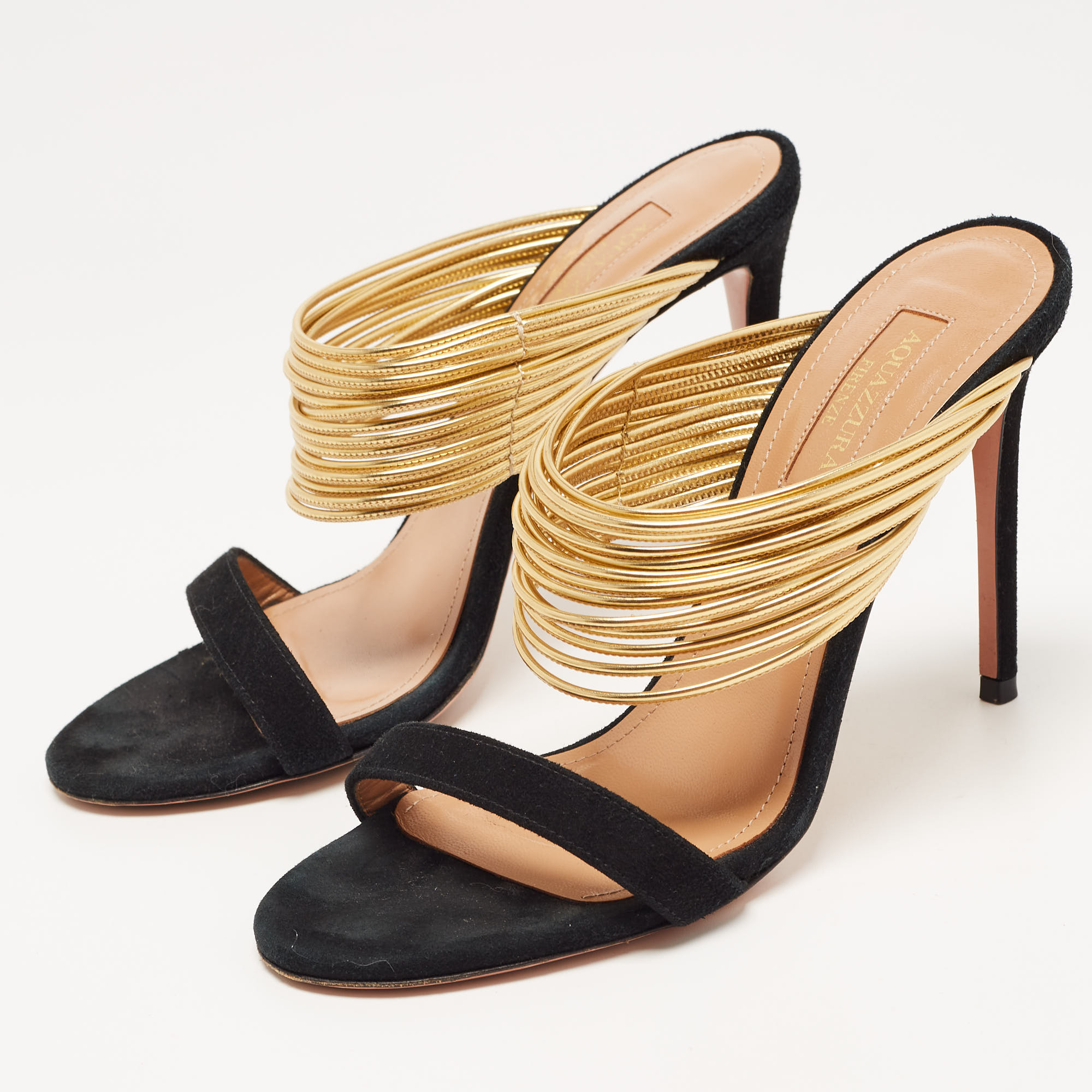 

Aquazzura Black/Gold Suede and Leather Rendez Vous Sandals Size