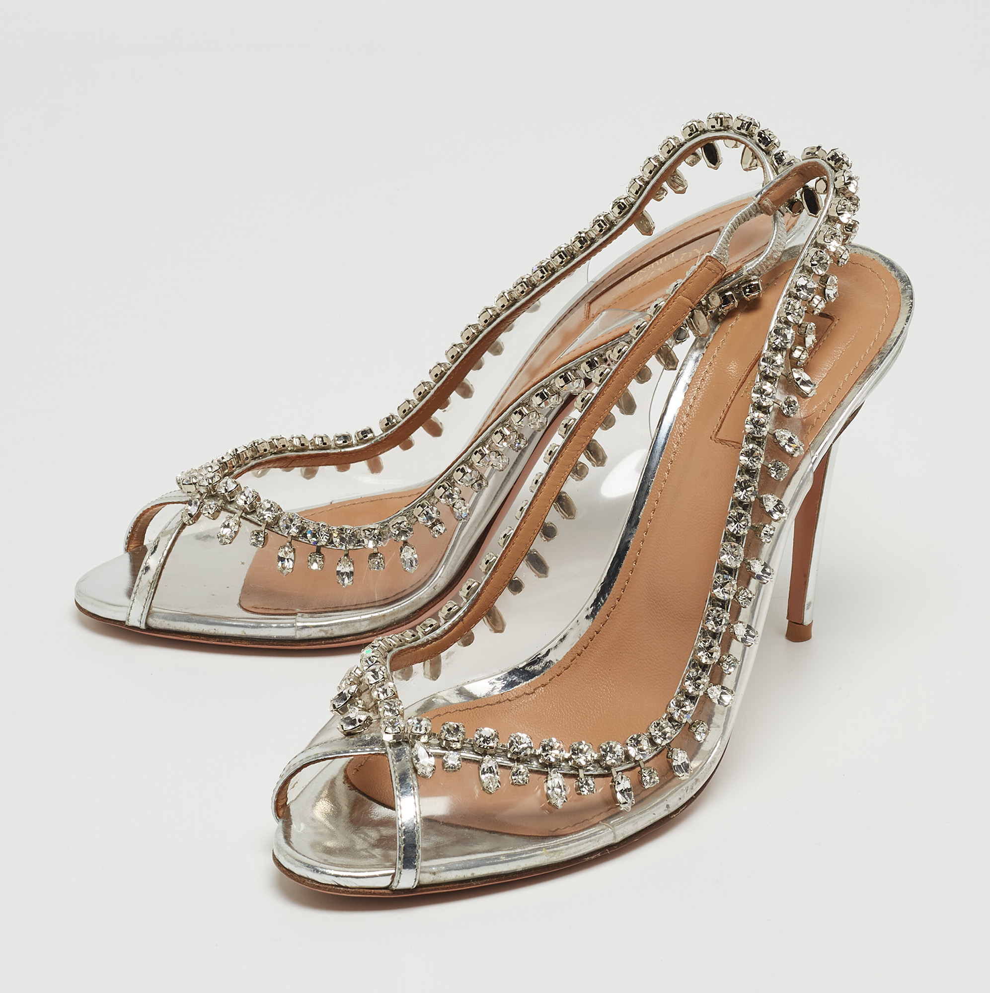 

Aquazzura Silver PVC and Leather Temptation Crystals Embellished Slingback Sandals Size