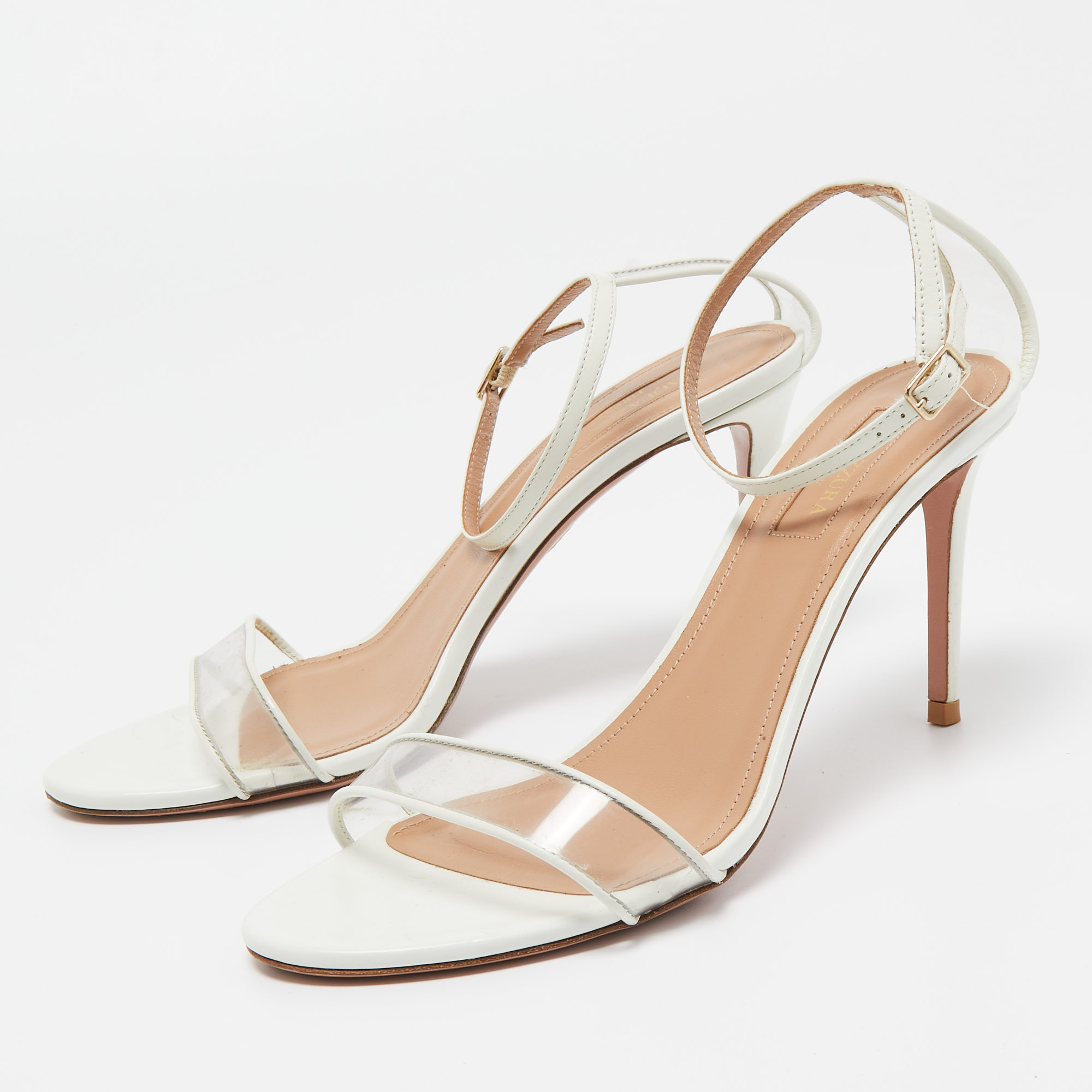 

Aquazzura White Leather and PVC Ankle Strap Sandals Size