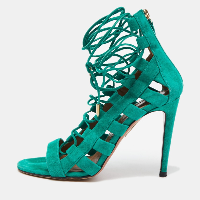 Pre-owned Aquazzura Green Suede Amazon Lace Up Sandals Size 38