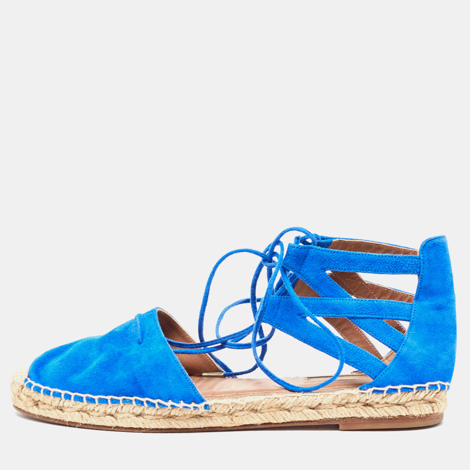 Pre-owned Aquazzura Blue Suede Strappy Espadrille Sandals Size 38