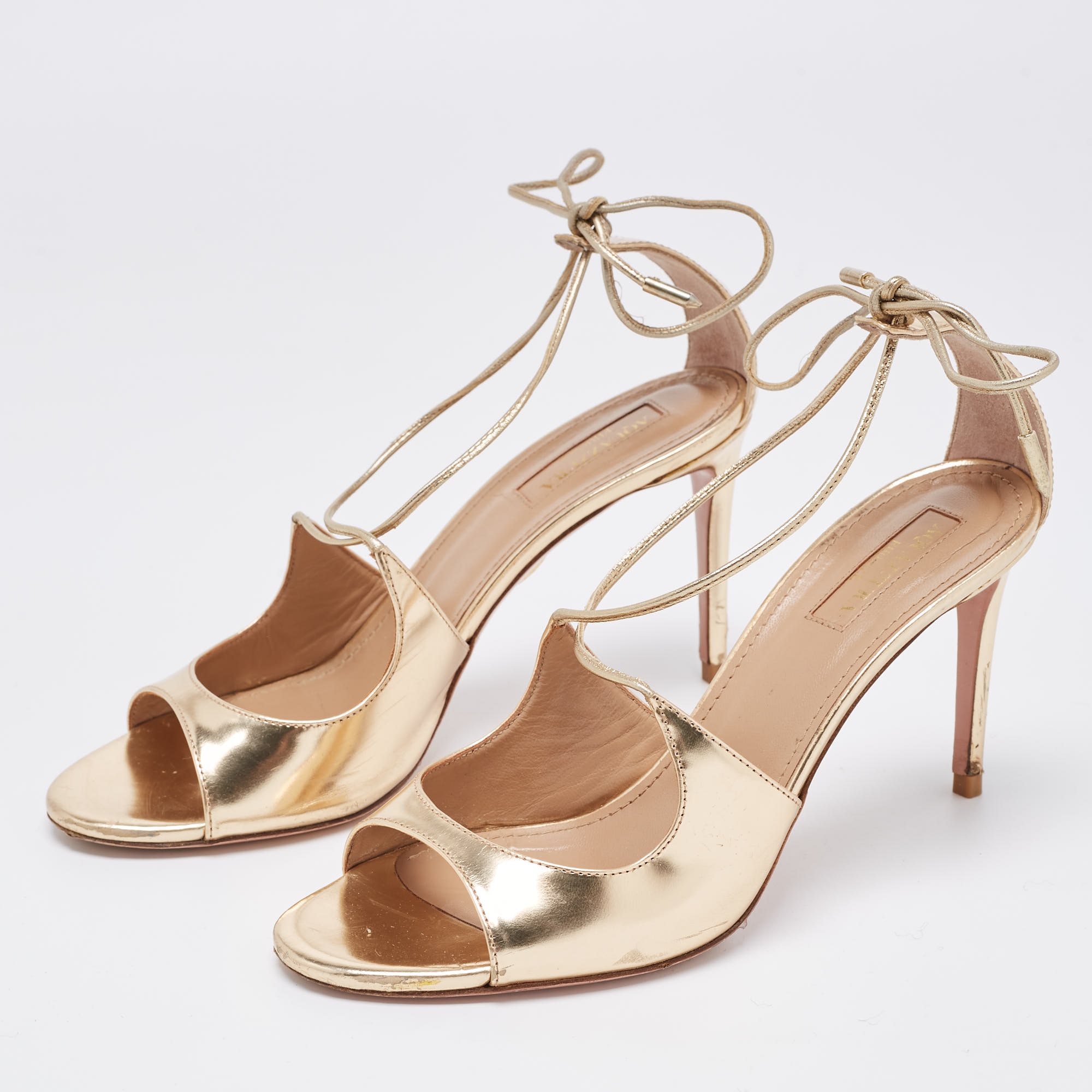 

Aquazzura Gold Foil Leather Sofia Open Toe Ankle Wrap Sandals Size