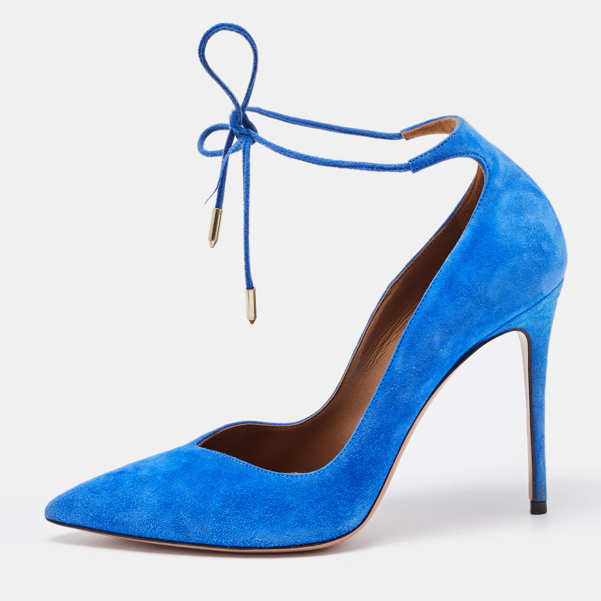Pre-owned Aquazzura Blue Suede Pointed Toe Ankle Wrap Pumps Size 37.5
