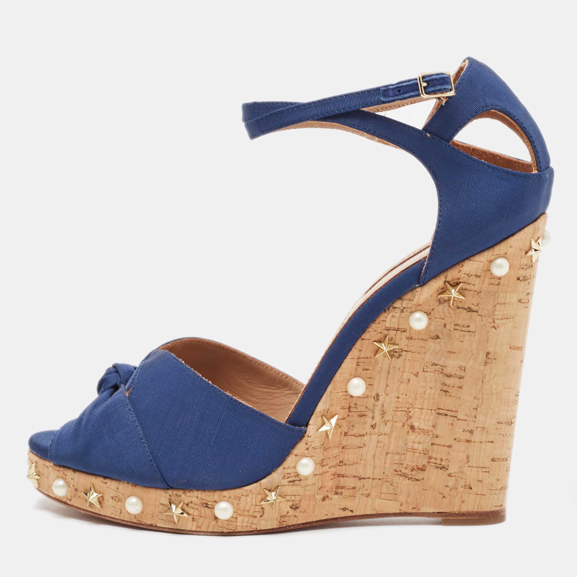 

Aquazzura Blue Grosgrain Embellished Harlow Wedge Sandals Size