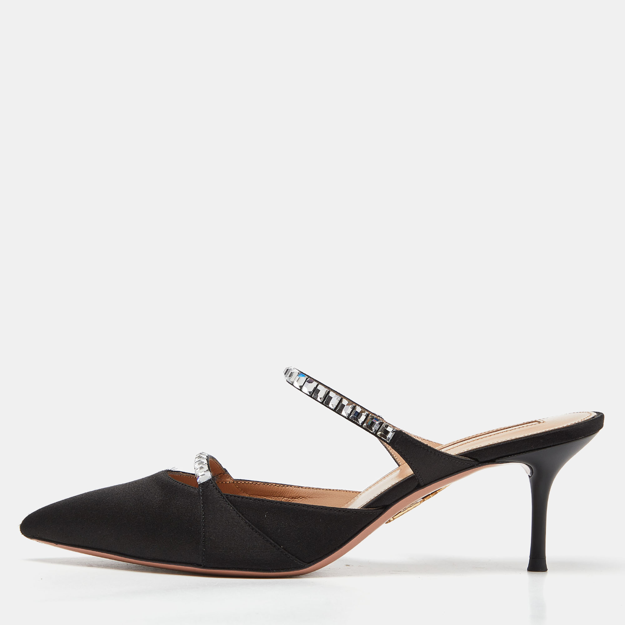 Pre-owned Aquazzura Black Satin Crystal Embellished Mule Sandals Size 36.5