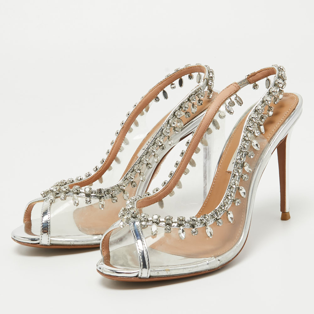 

Aquazzura Silver Leather and PVC Temptation Slingback Pumps Size