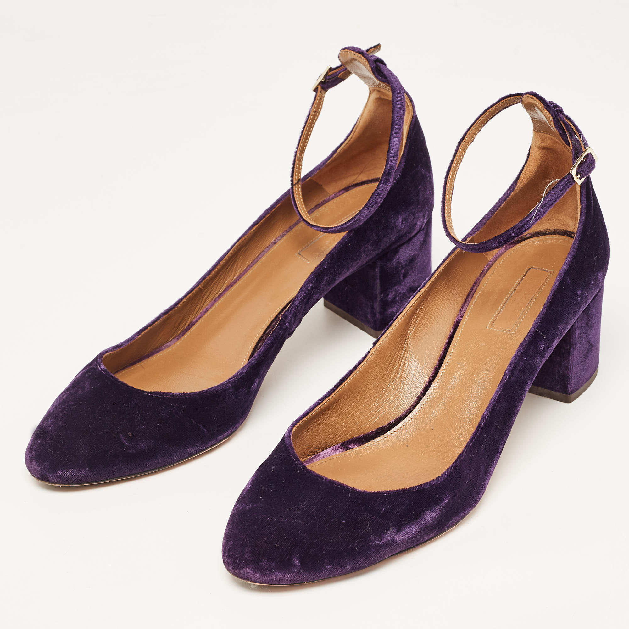 

Aquazzura Purple Velvet Block Heel Ankle Strap Pumps Size