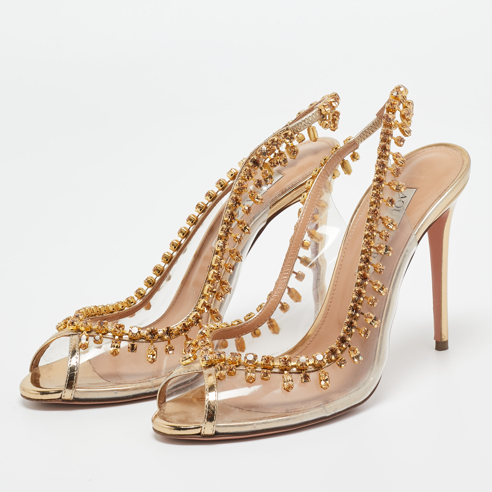 

Aquazzura Gold Leather and PVC Temptation Slingback Pumps Size