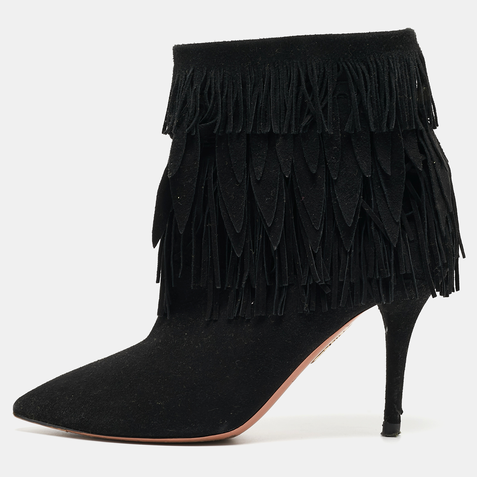 Pre-owned Aquazzura Black Suede Sasha Fringed Ankle Booties Size 36