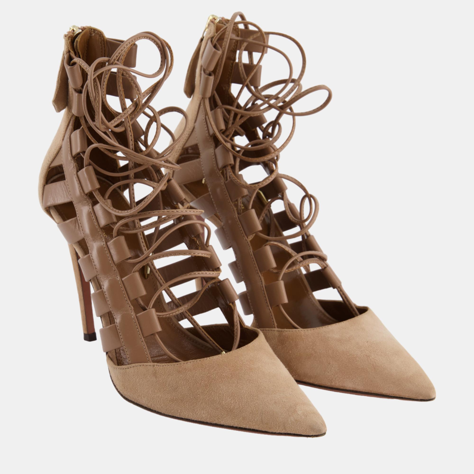 

Aquazzura Beige Leather and Suede Lace Up Pointed Toe Heels Size EU