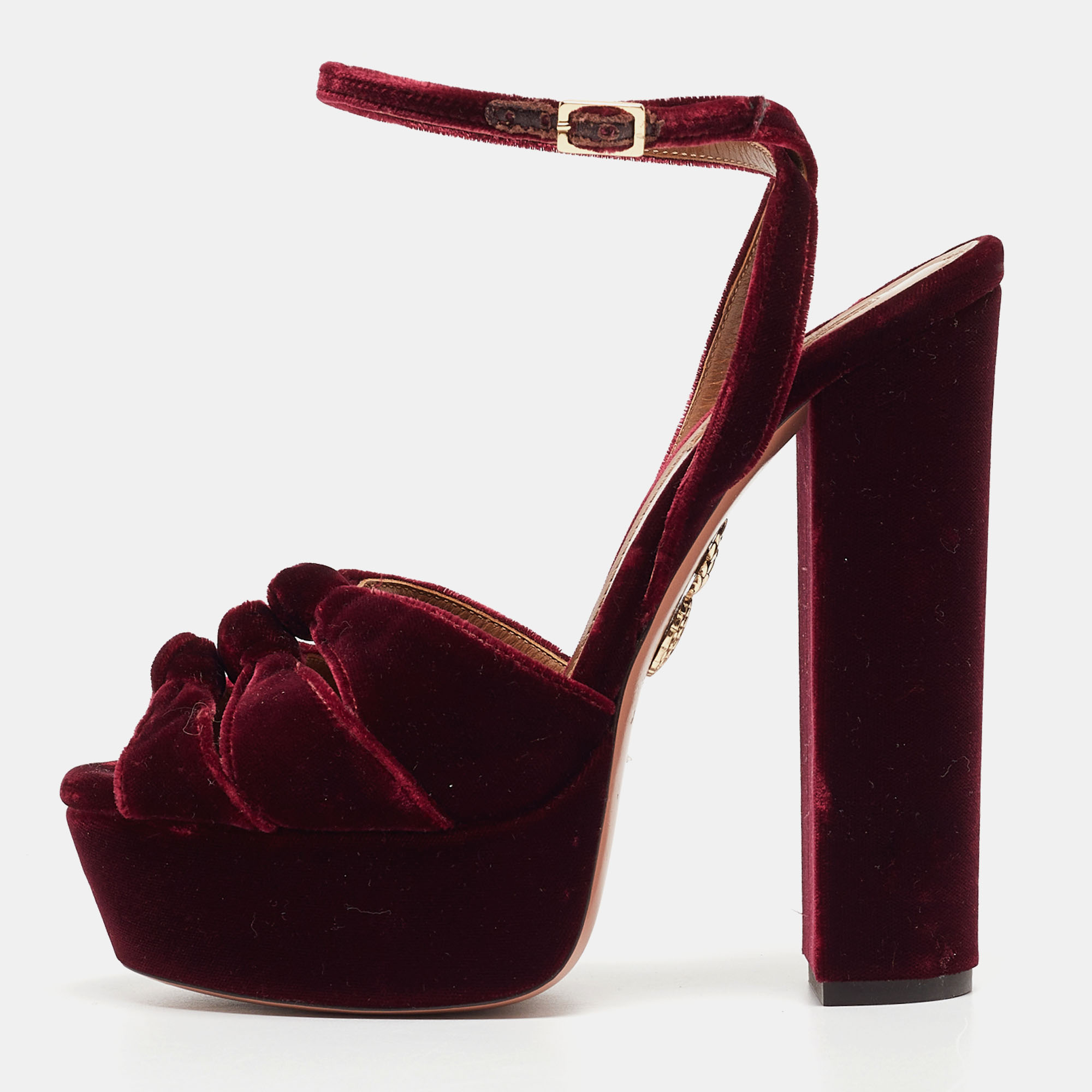 

Aquazzura Burgundy Knotted Velvet Mira Sandals Size