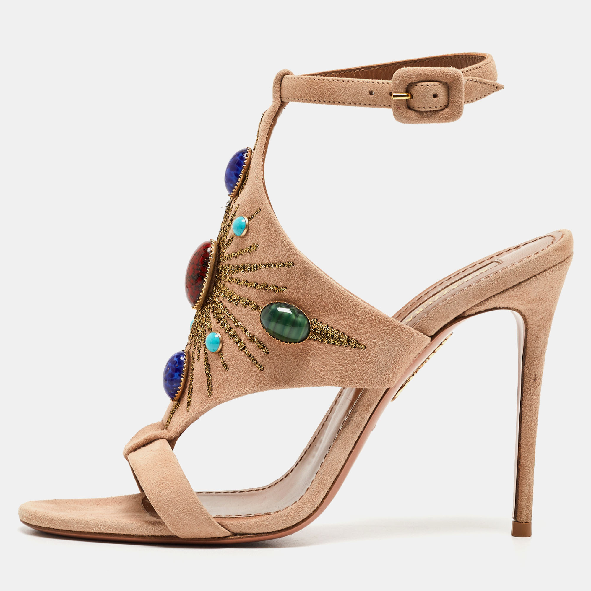 

Aquazzura Beige Suede Embroidered and Studded T-Bar Ankle Strap Sandals Size