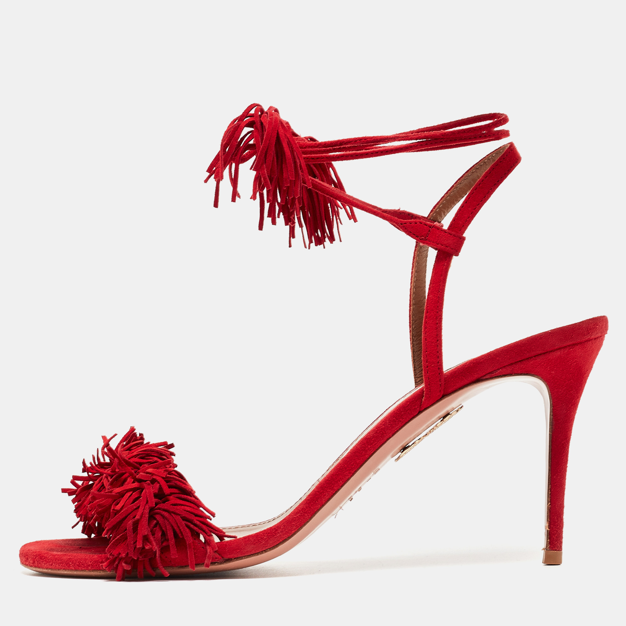 Pre-owned Aquazzura Red Fringed Suede Wild Thing Ankle Wrap Sandals Size 39
