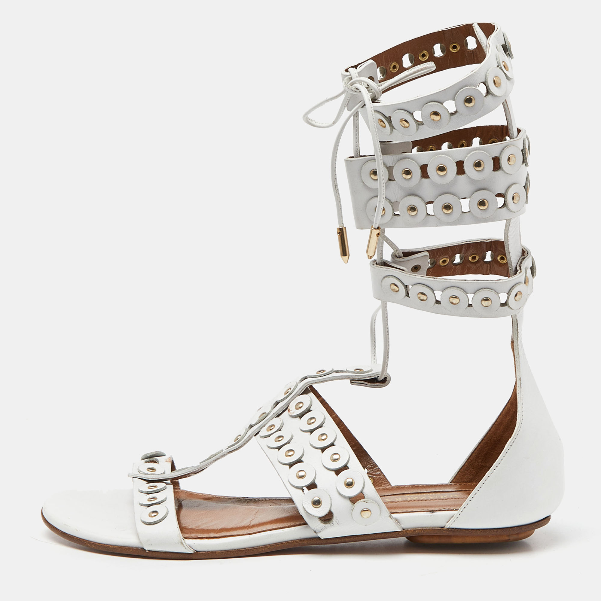 Pre-owned Aquazzura White Studded Leather Strappy Gladiator Flat Sandals Size 37